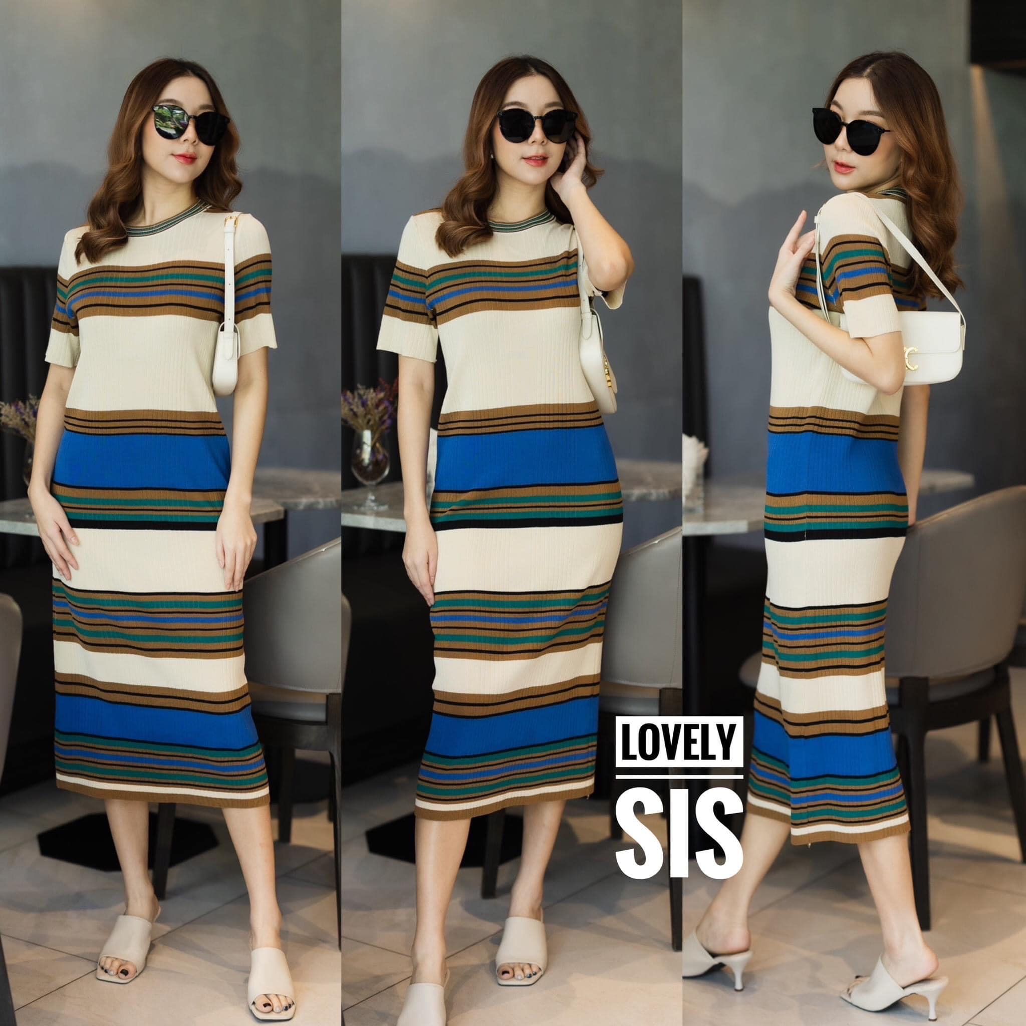 เดรสแขนสั้นผ้า knit ทอร่อง ทอลายสลับสี ผ้าเนื้อบางใส่สบาย เนื้อนิ่มยืดหยุ่น ทรงสวย งานสวย ใส่ได้ตลอดค่า สินค้าคุณภาพ (พร้อมส่ง)