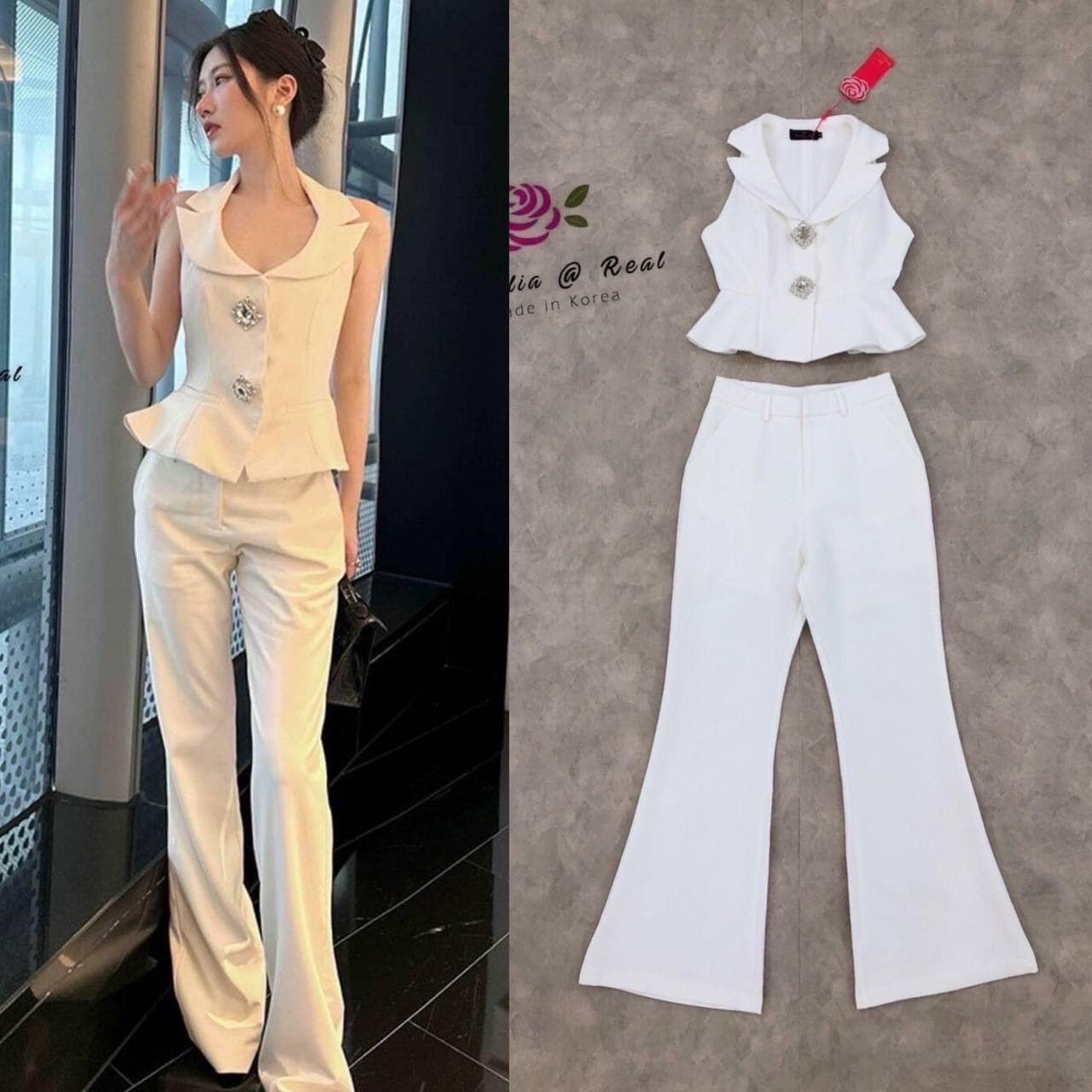 Set เสื้อแขนกุดตัวสวยทรงดี คอปกเก๋ ช่วงอกเสริมฟองน้ำเป็นทรงสวย ด้านหน้าอลังด้วยกระดุมเพชรเม็ดบึ้มโดดเด่น มาเข้าชุดพร้อมกับกางเกงขายาวทรงสวย ใส่สบาย : สินค้าคุณภาพ (พร้อมส่ง)