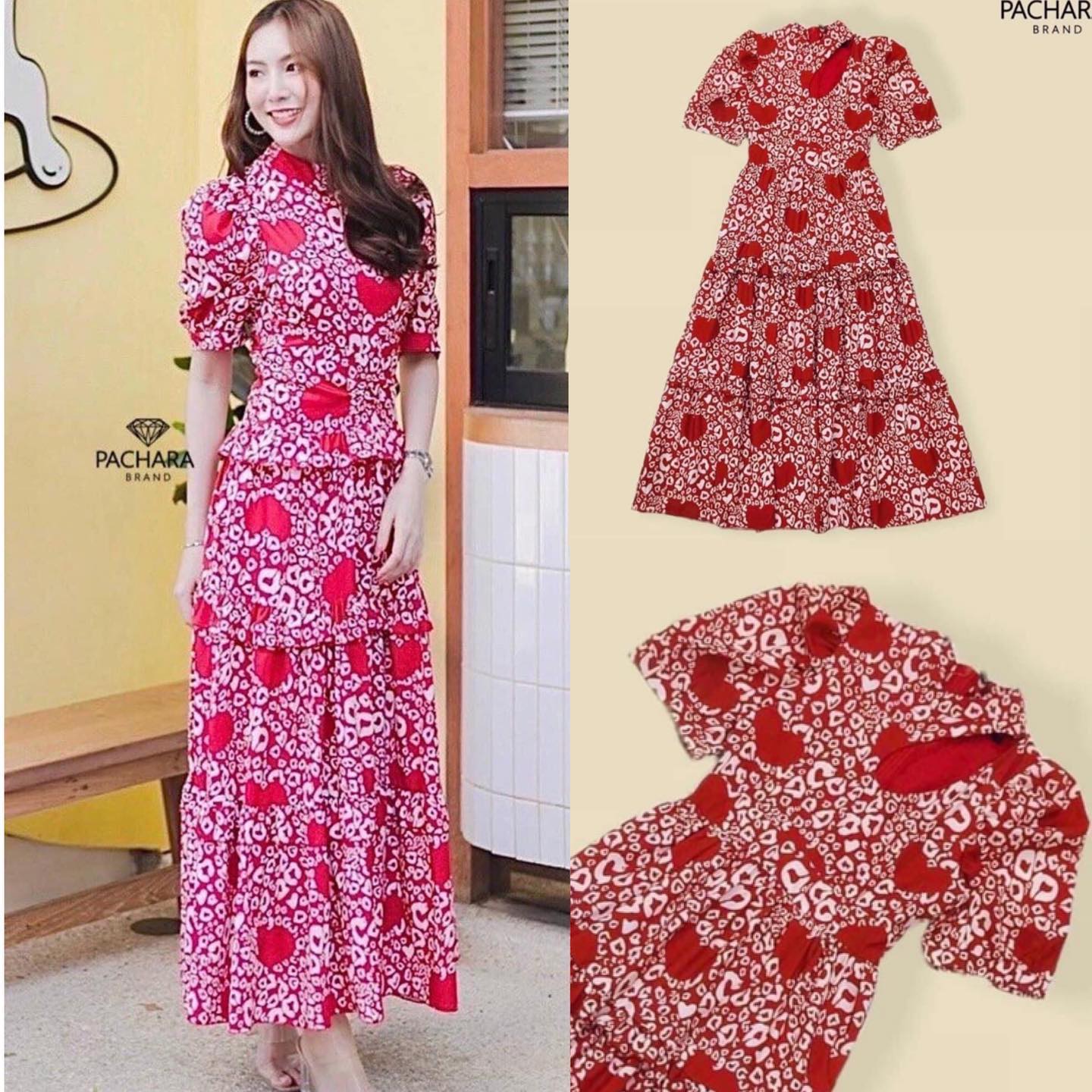 แมกซี่เดรสแขนตุ๊กตาสีแดง พิมพ์ลายหัวใจทั้งชุด แต่งเว้าโชว์ช่วงคอ สินค้าคุณภาพ (พร้อมส่ง)