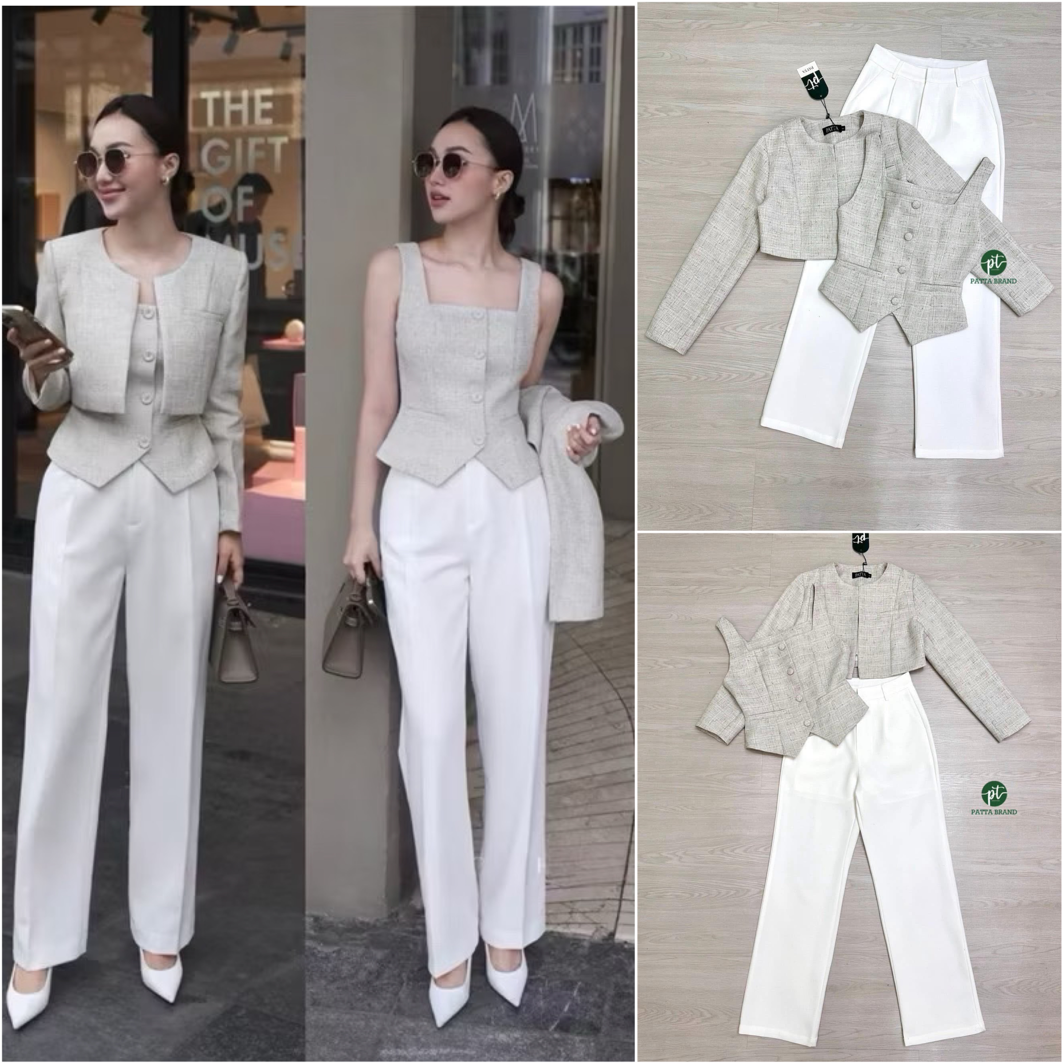 Set3ชิ้น เสื้อคลุมแขนยาวตัวสั้น ไม่มีกระดุมผ้าทอเส้นเล็กสีเทา และมาพร้อมเสื้อแขนกุดทรงกั๊กตัวในมีกระดุมหน้า ผ้าเดียวกันกับเสื้อคลุมใส่แม๊ทช์คู่กันลงตัวมากๆ และมาคู่กางเกงขายาวสีขาว ทรงกระบอกทรงสวย ใส่สบาย : สินค้าคุณภาพ (พร้อมส่ง)