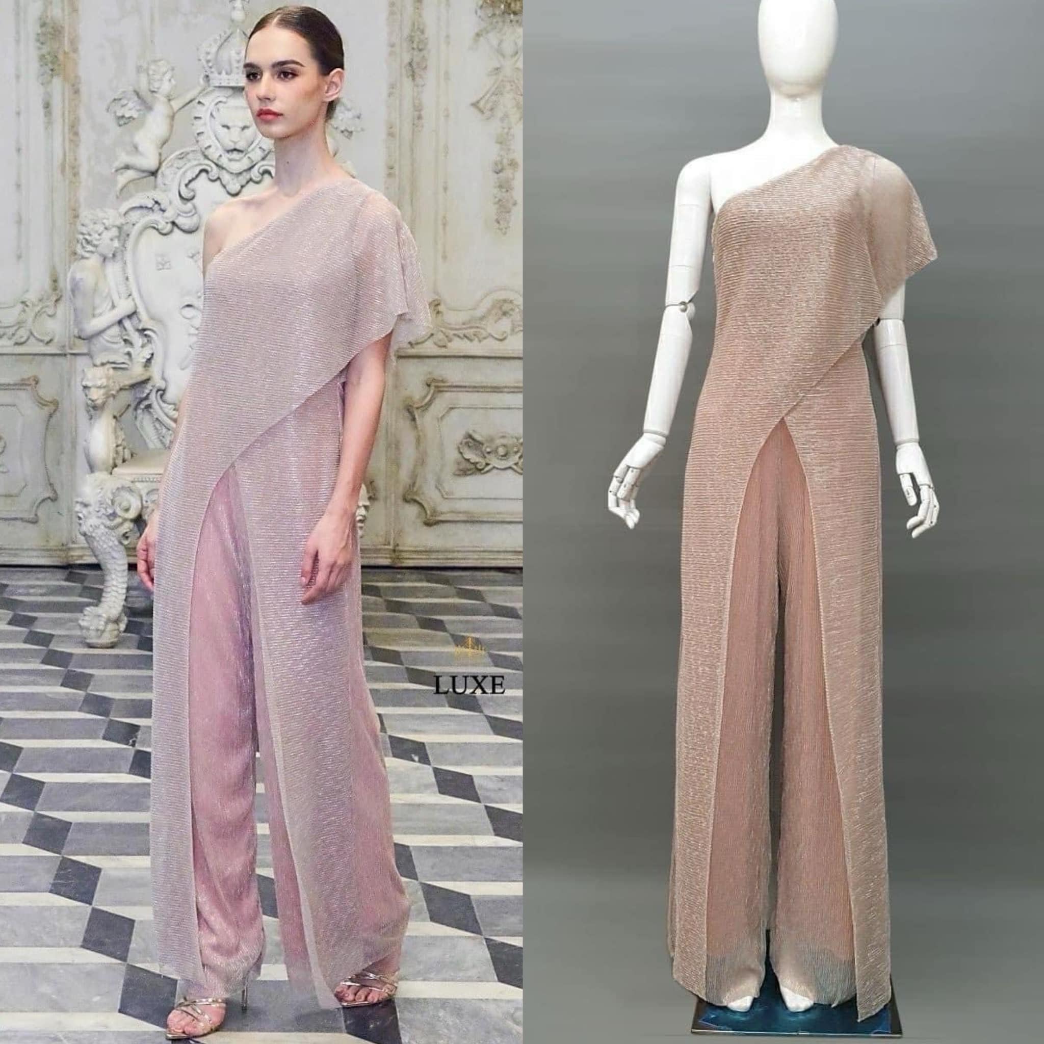 ชุดจั๊มพ์สูทไหล่เดียว กางเกงขากว้าง ดีเทลหรูหราระยิบระยับ แต่งผ้าสไบพริ้วสวยมาก คัตติ้งเนี้ยบ สินค้าคุณภาพ (พร้อมส่ง)