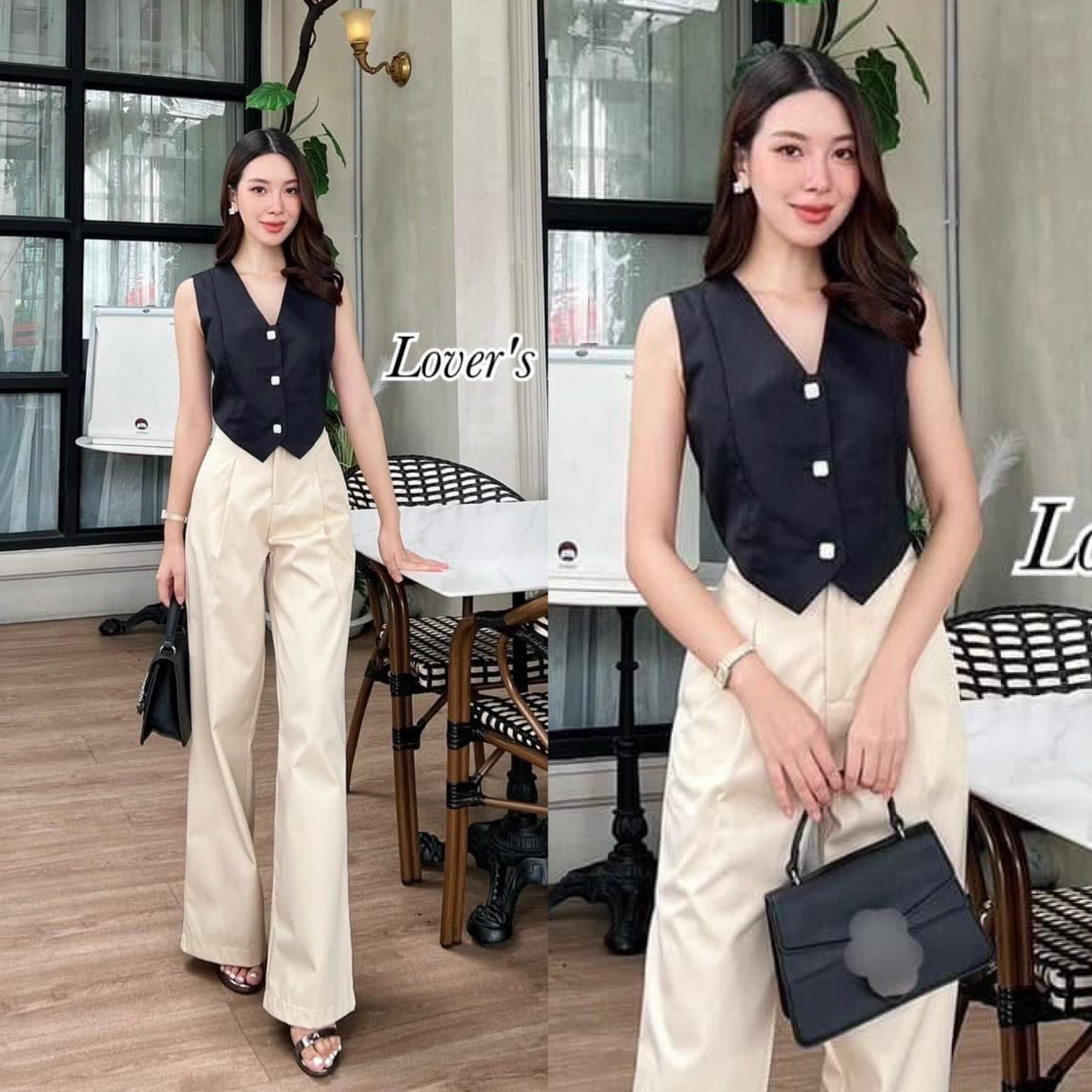 Set.2ชิ้น ลุคเรียบหรูดูผู้ดี เสื้อกั๊กทรงเข้ารูปมีซับใน แต่งกระดุมเพชร มาพร้อมกางเกงเอวสูงผ้าหนาอัดกาวมีซับใน ใส่สบาย : สินค้าคุณภาพ (พร้อมส่ง)