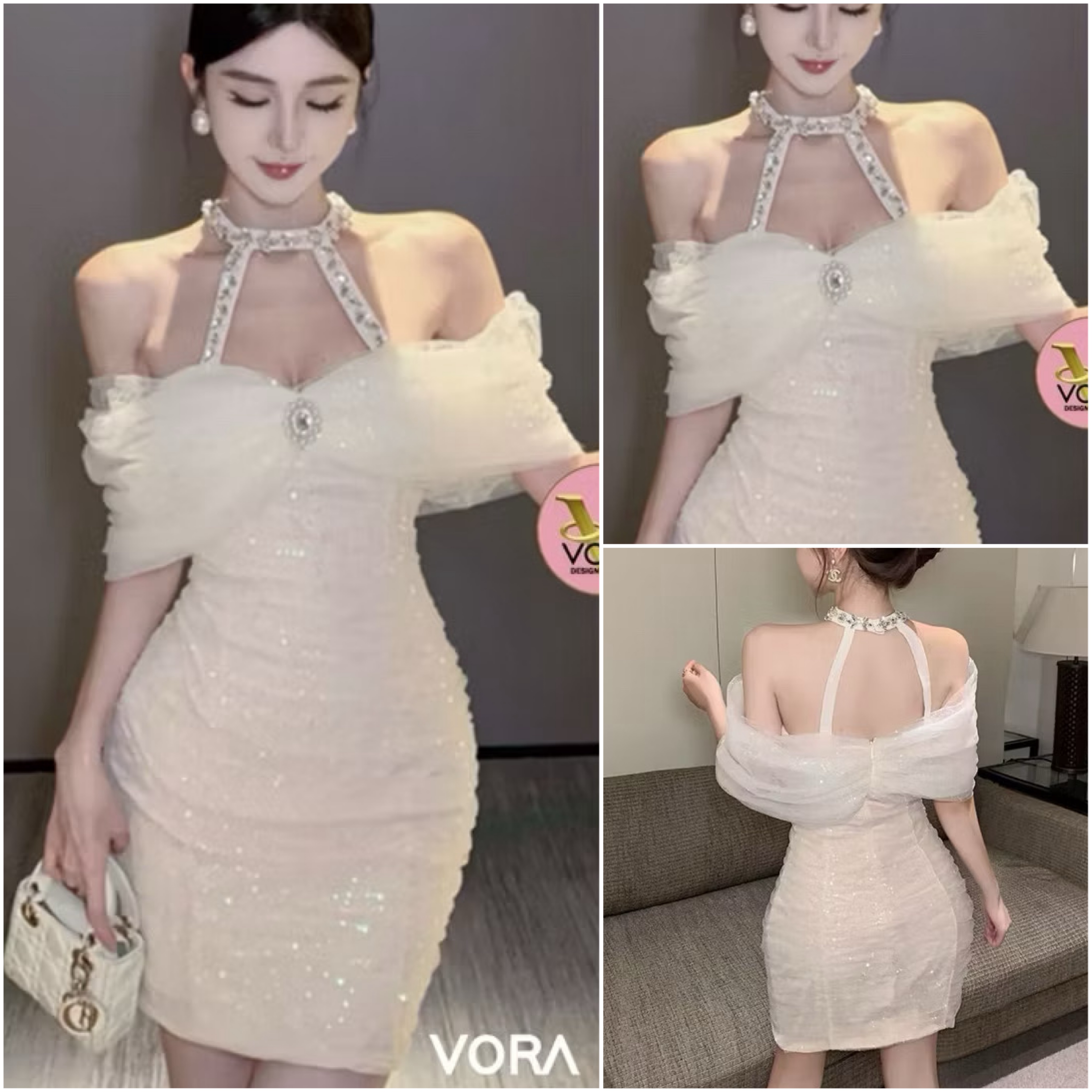 Dress สั้น เกาะอก แต่งสายคล้องคอดีเทลแต่งเย็บเพชรทั้งสายสวยมากค่ะ แต่งผ้าตาข่ายจับจีบปาดไหล่ ติดเข็มกลัดเพชรช่วงอกเพิ่มความหรูหรา อกมีฟองน้ำจัดทรงให้ค่ะ เอวเข้ารูป ใส่สบาย : สินค้าคุณภาพ (พร้อมส่ง)