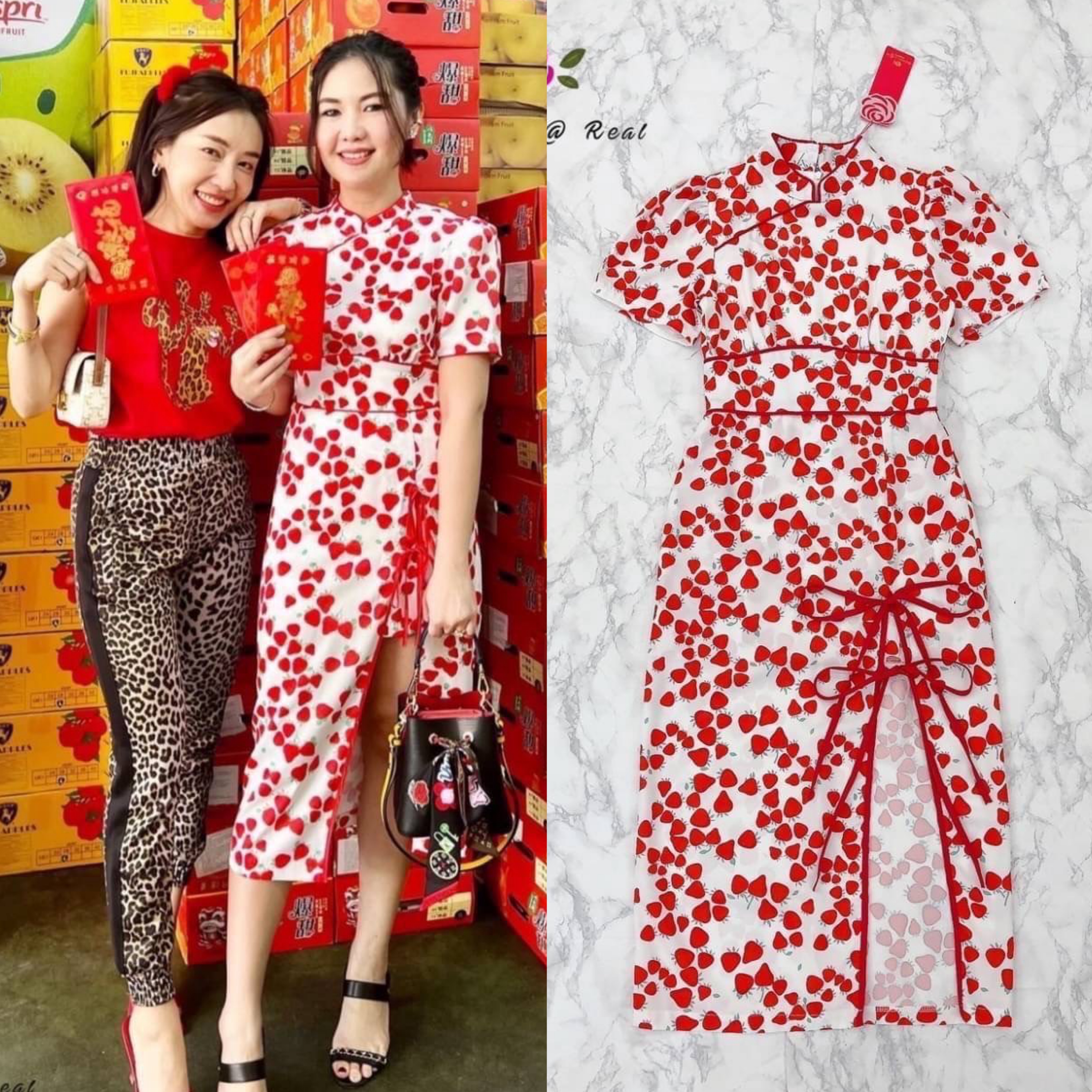 Dress เดรสกี่เพ้าแสนสวย ตัวเดรสแขนสั้น กุ๊นขอบแดงอย่างดี ชายเดรสผ่าข้างพร้อมผูกโบว์ ใส่สบาย สินค้าคุณภาพ (พร้อมส่ง)