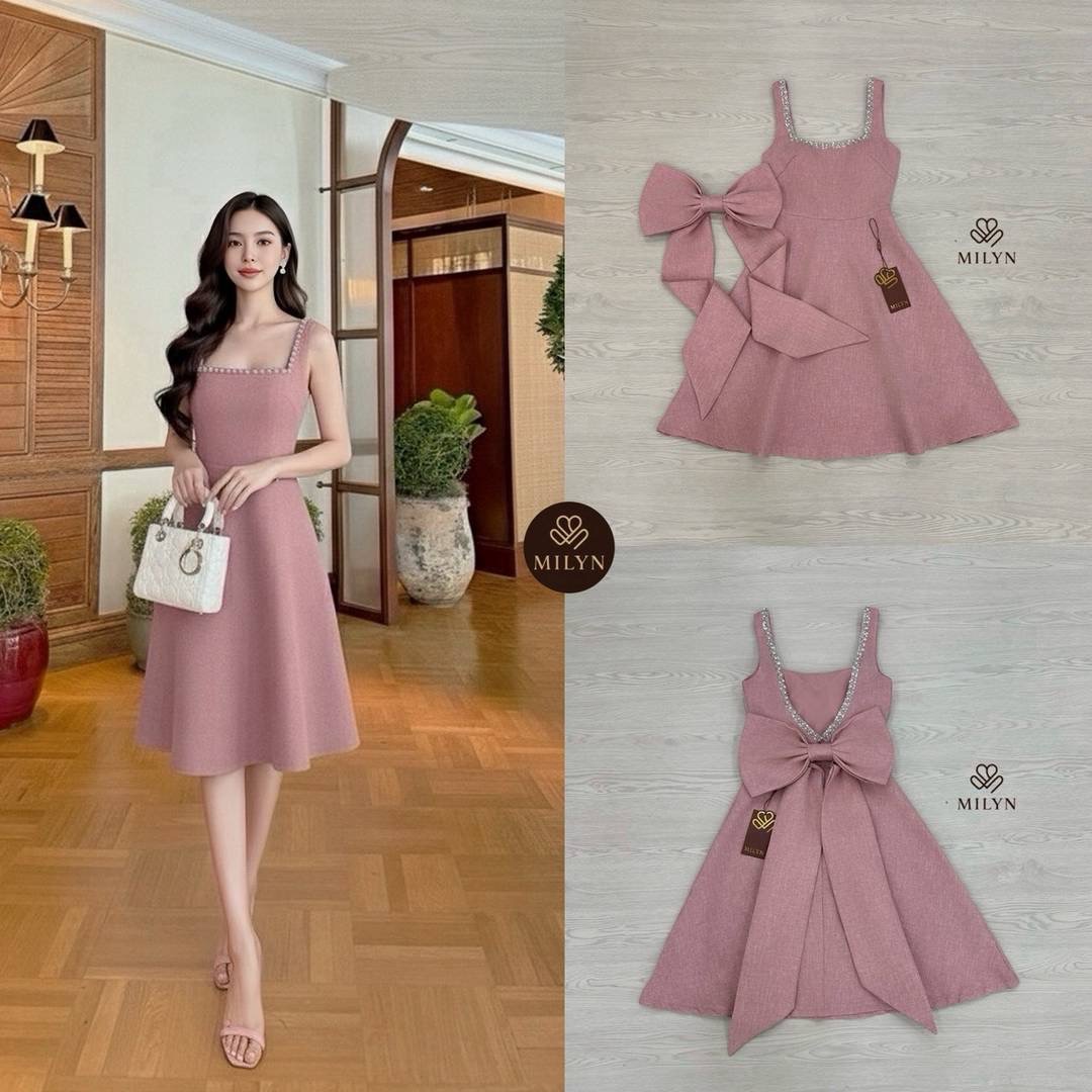 เดรสสีชมพูตัวเดรสแขนกุดแต่งอะไหล่เพชรขอบชุดช่วงอกเชื่อมไปด้านหลัง ใส่สบาย : สินค้าคุณภาพ (พร้อมส่ง)