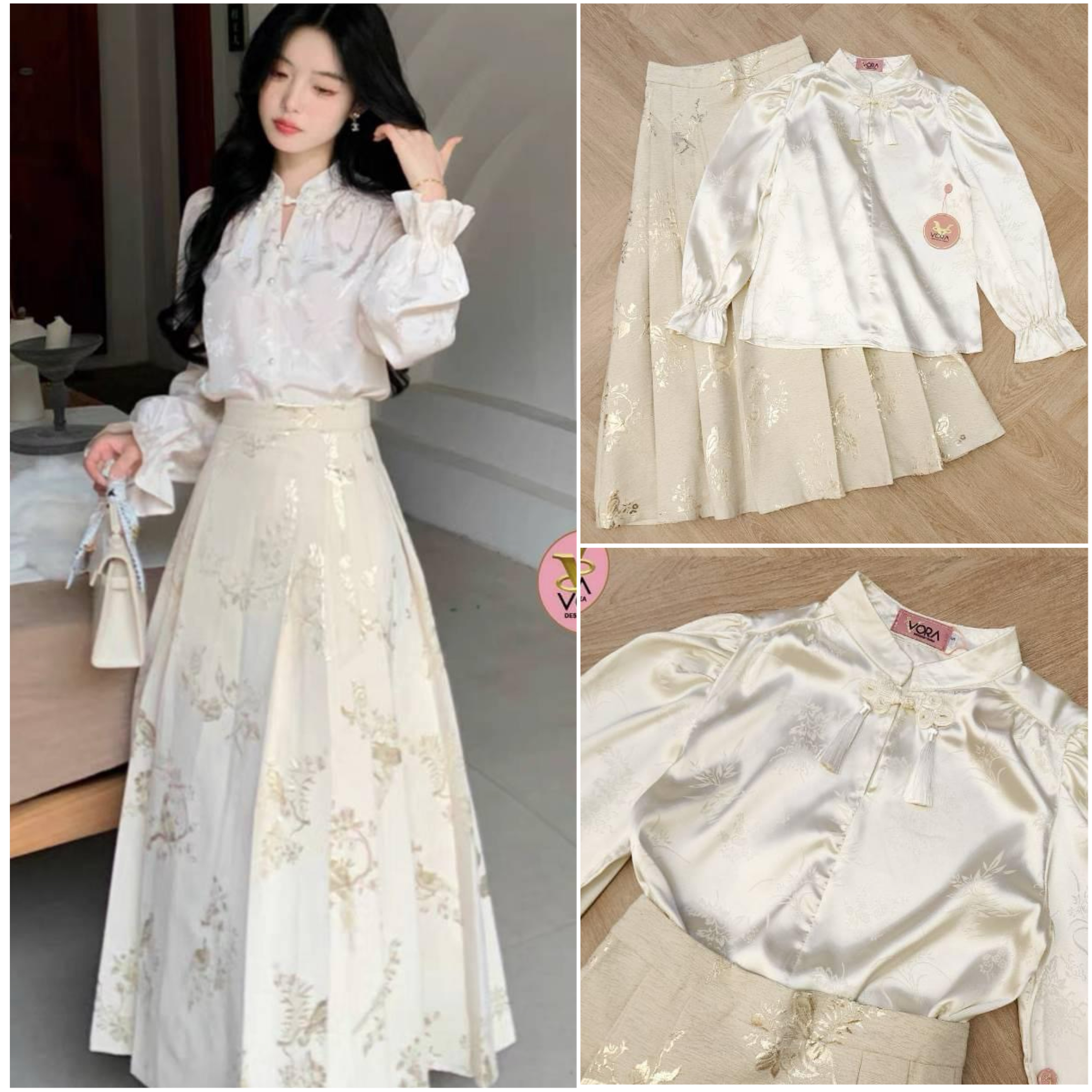 Set เสื้อคอจีน แขนยาวปลายแขนแต่ง สม็อคบาน มาพร้อมกระโปรงยาว ทรงบานกำลังสวย ใส่สบาย สินค้าคุณภาพ (พร้อมส่ง)