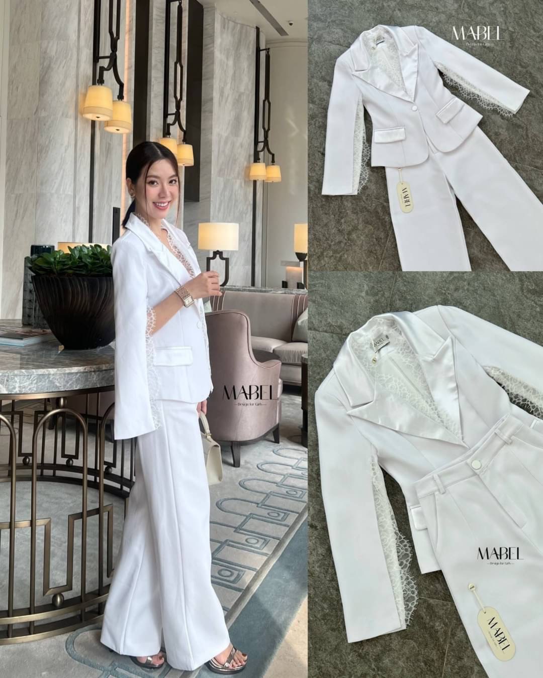 ชุดเซทสูทกางเกงขายาวสีขาว เสื้อสูทเข้ารูปสีขาวปก ดีเทลผ่าแขนยาว 2 ข้าง ตกแต่งด้วยผ้าลูกไม้ และกางเกงขายาวทรงกระบอกใหญ่สีขาว มีซับในทั้งชุด สินค้าคุณภาพ (พร้อมส่ง)