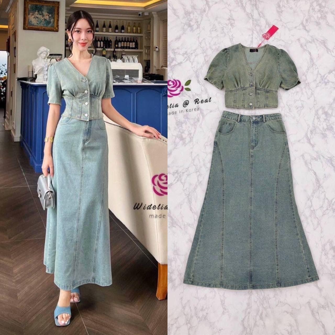 Set :: เสื้อแขนพองตัวสวยทรงดี คอวีสวย ท่อนแขนพองเป็นทรง ด้านหน้าแต่งกระดุมเรียง.+ กระโปรงทรงเอบานตัวยาวสวย . : สินค้าคุณภาพ (พร้อมส่ง). .