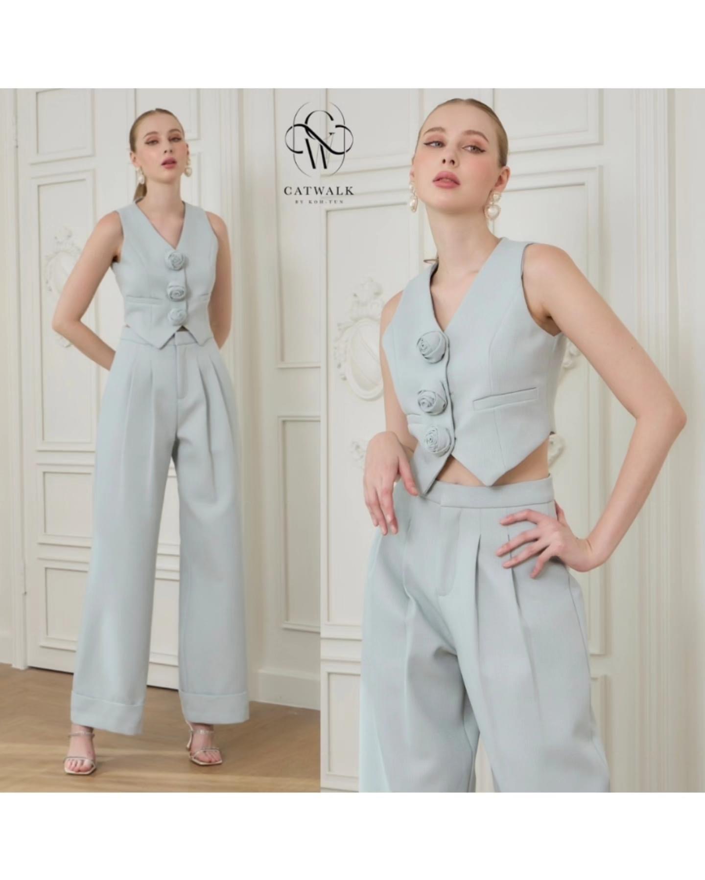 เซตเสื้อ Vestแต่งดอกไม้ +กางเกงทรงสวย เนื้อผ้าทอ ลายเกรดเอ ใส่สบาย : สินค้าคุณภาพ (พร้อมส่ง)