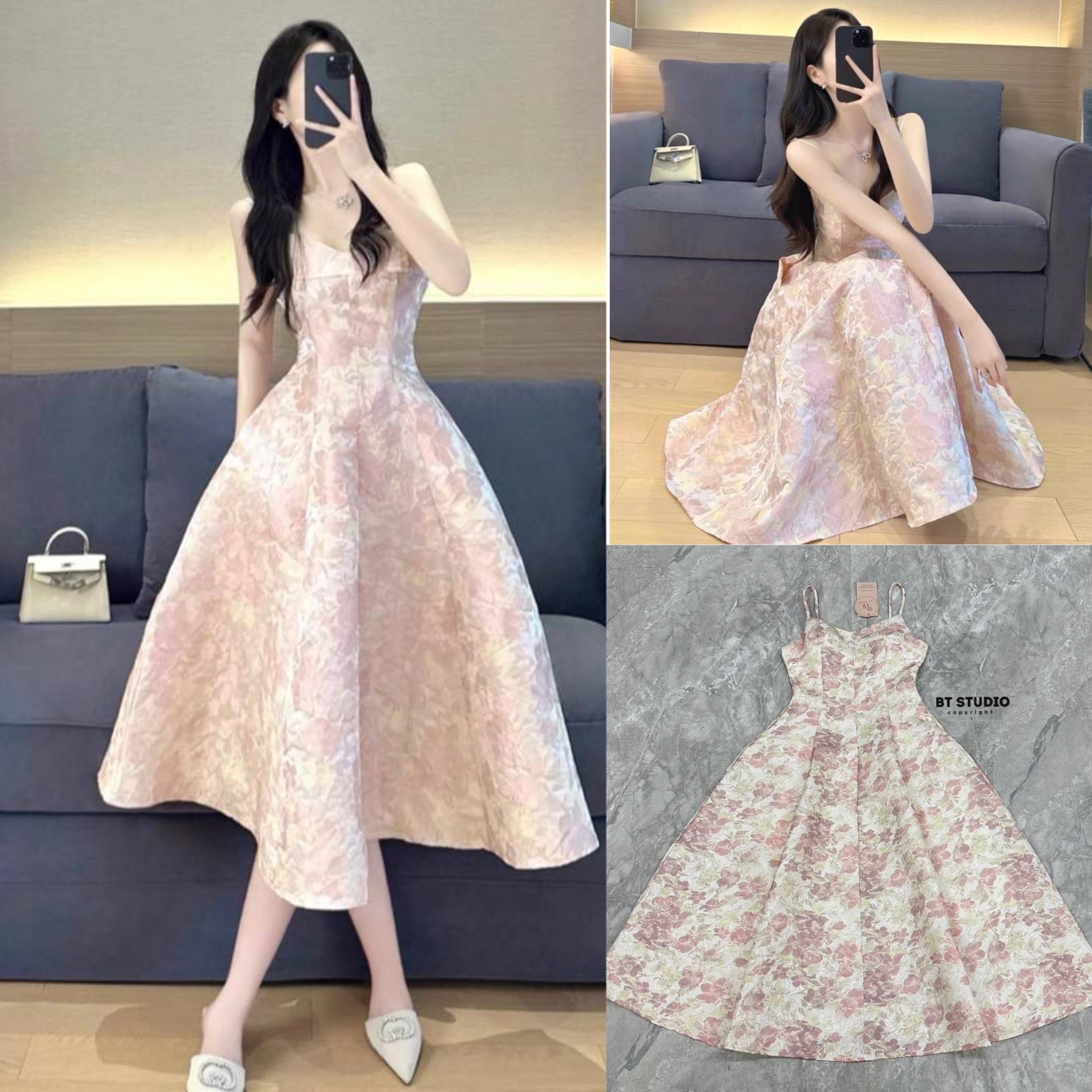 เดรสยาวสายเดี่ยวงานผ้าลายในตัวงานสวยมากใช้เนื้อผ้าเยอะ ช่วงอกเสริมฟองน้ำ ซิปหลัง ใส่สบาย สินค้าคุณภาพ (พร้อมส่ง)