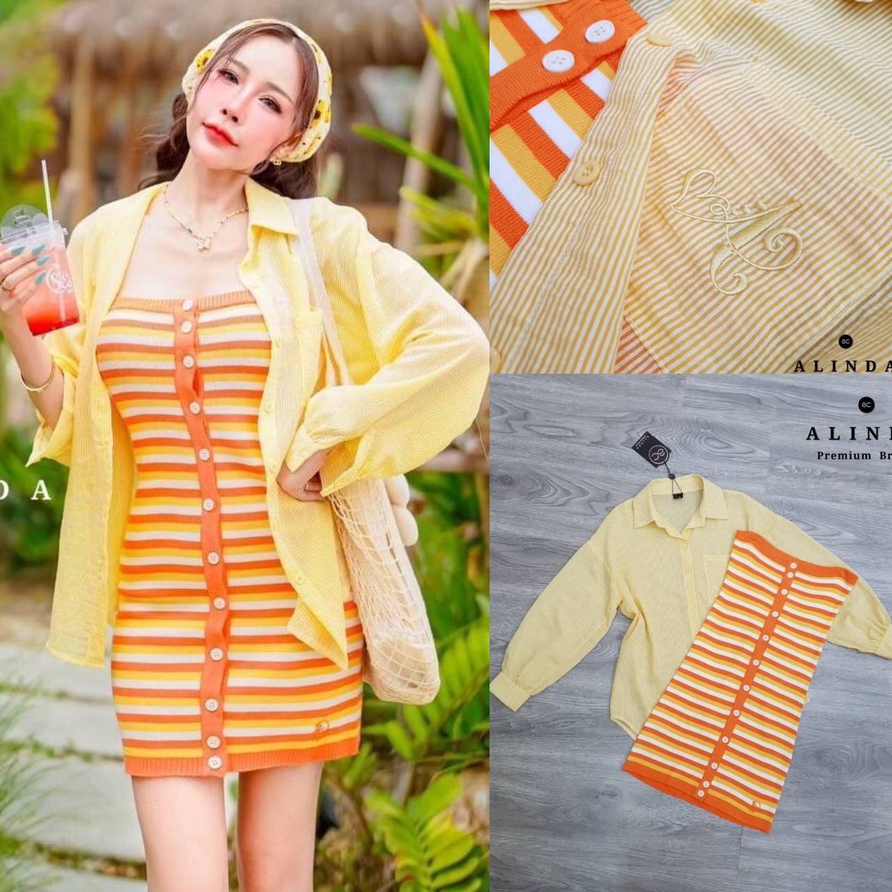 ชุดเซ็ทเสื้อเชิ๊ตคอปกสีขาวแขนยาว กระดุมหน้า ปักลายที่กระเป๋าเสื้อด้านหน้า ด้านในเป็นเดรสเกาะอกทอลายขวาง ไล่โทนสุดน่ารัก สินค้าคุณภาพ (พร้อมส่ง)