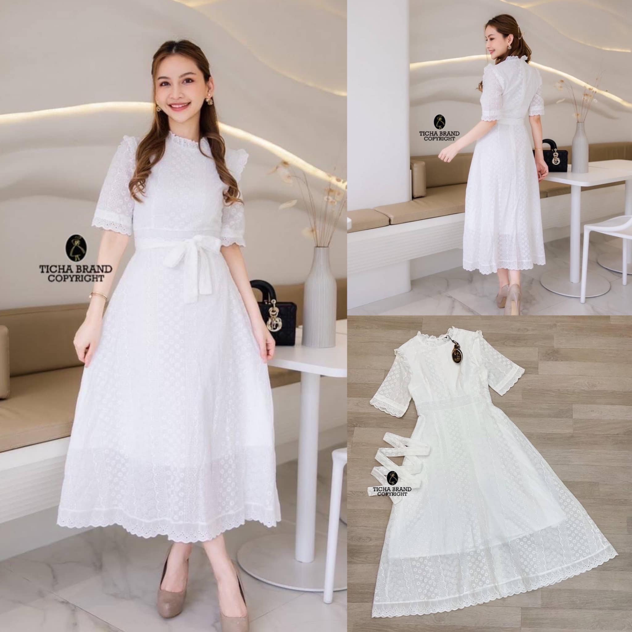 เดรสลูกไม้ฉลุลายดอกไม้สีครีมแขนสั้น ด้านหน้าแต่งกระดุมเรียงยาวใช้งานได้จริง ผ้าลูกไม้ ถักทอลายดอกไม้ ทอแน่น สวยมากเลยค่า มาพร้อม เข็มขัด 👍🏻 สินค้าคุณภาพ (พร้อมส่ง)