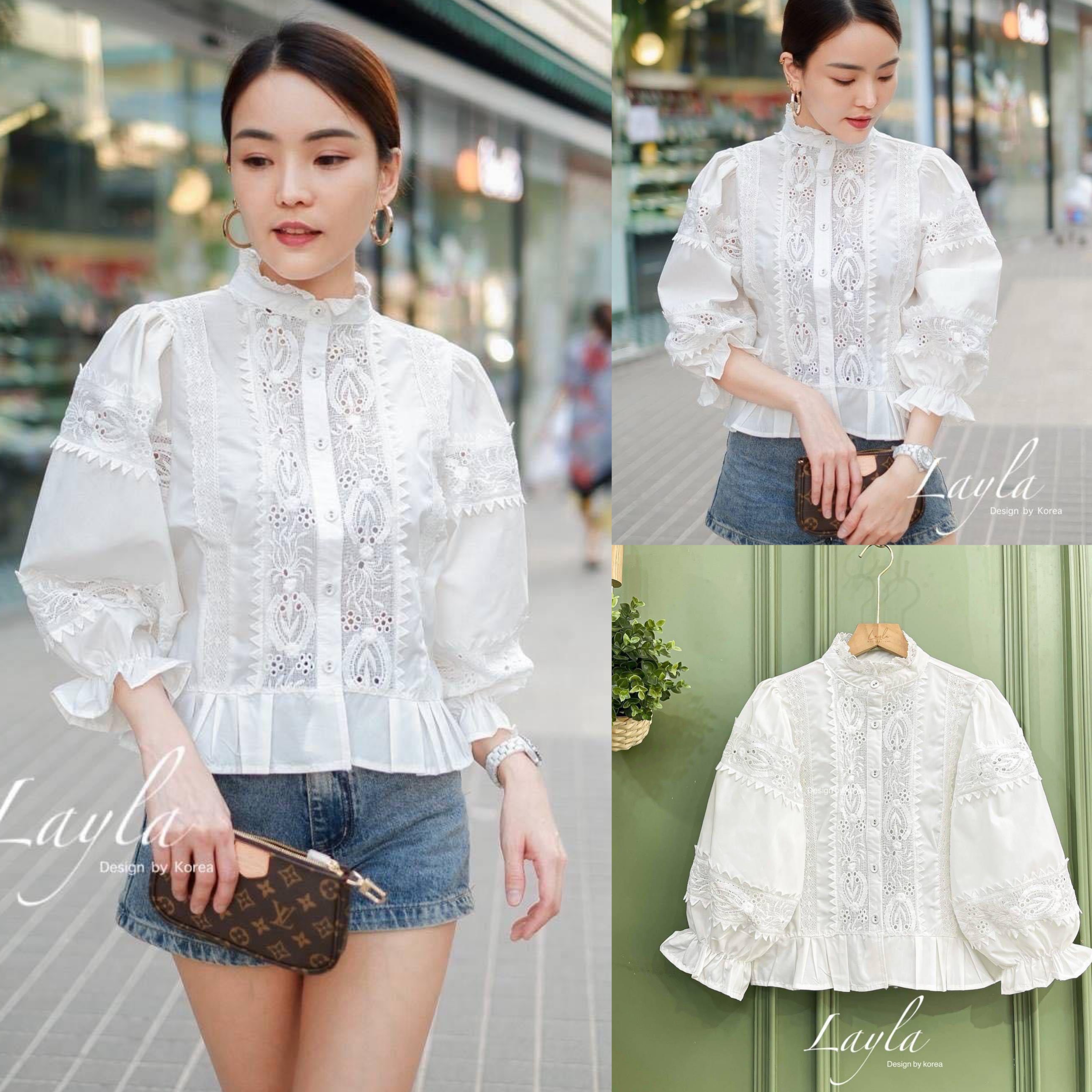 เสื้อเชิ้ตคอตตอนคอปีนแต่งลูกไม้ ปักสวยๆ ดีเทลแน่น ทรงแขนพอง งานสวยหรูอลังกาลมากค่ะ ใส่สบาย : สินค้าคุณภาพ (พร้อมส่ง)