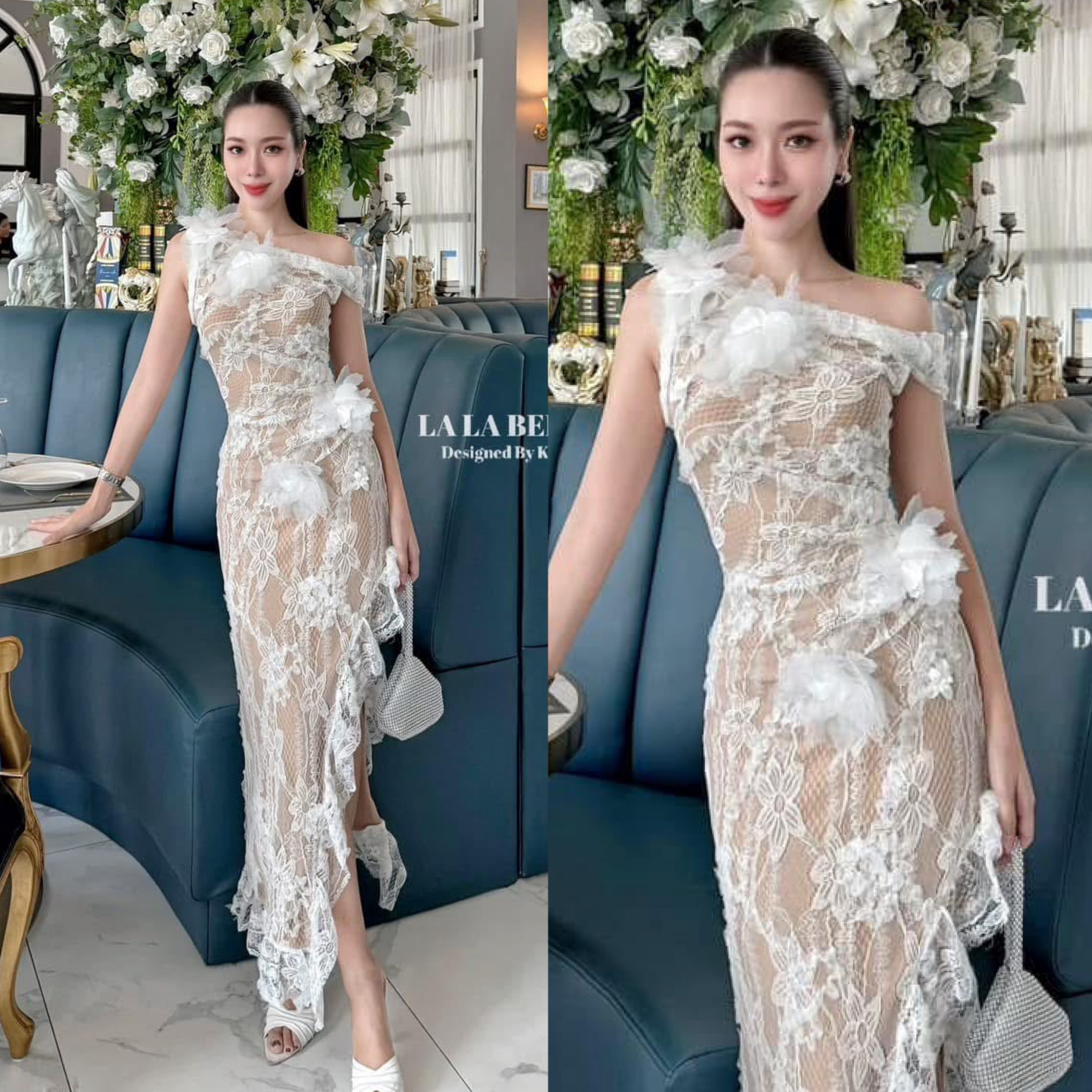 แม็กซี่เดรสลูกไม้คอปาดไหล่1ข้างเอวเข้ารูปเย็บจีบเข้าทรงช่วงเอวกระโปรงยางผ่าข้างยาวเฉียงแต่งดอไม้สามมิติ ใส่สบาย : สินค้าคุณภาพ (พร้อมส่ง)