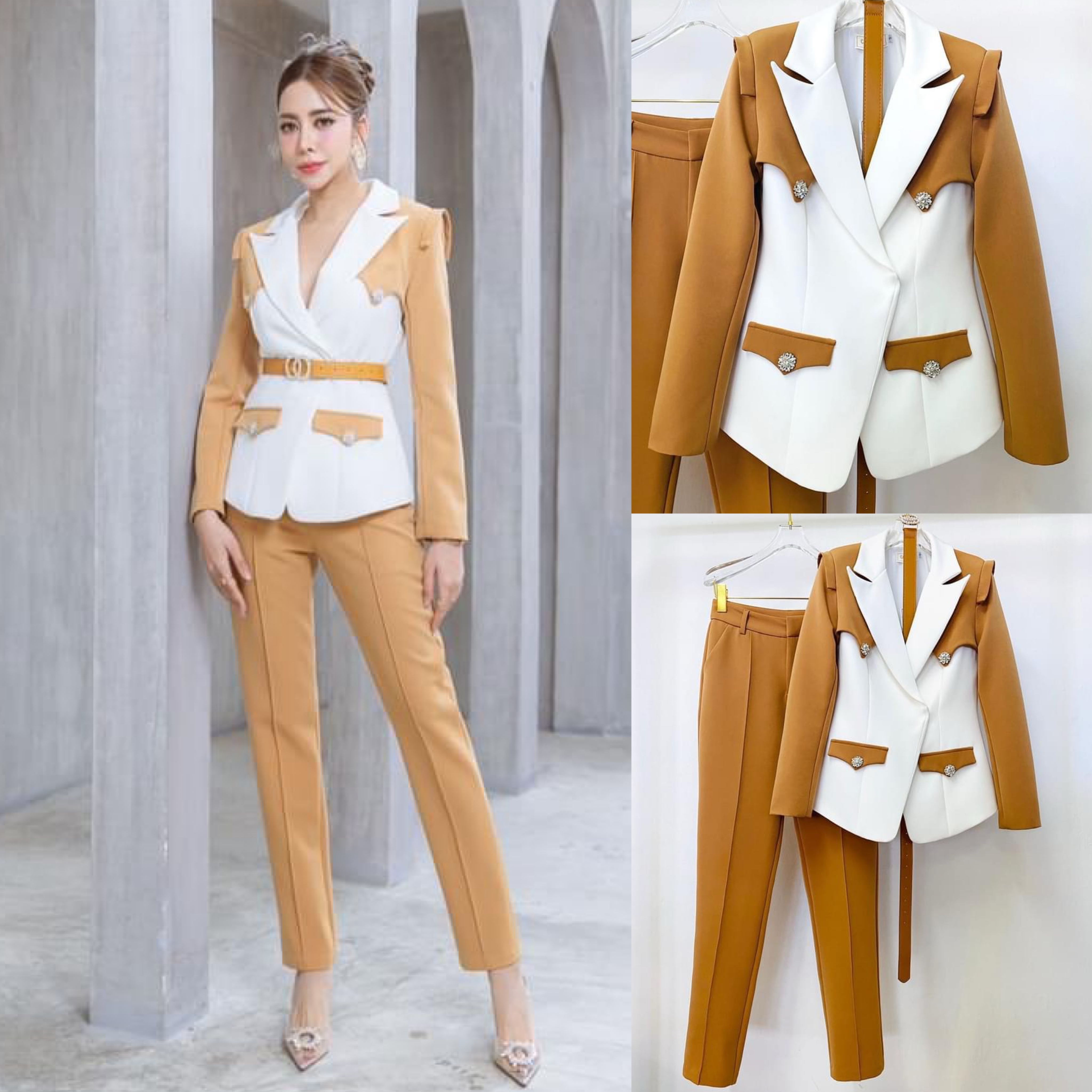 เซต BLAZER ทูโทน เนื้อผ้าเกรดเอ ตัวBLAZER เป็นทรงเข้ารูปแต่งกระดุมสีเงิน มีเข็มขัดช่วยให้ทรงเข้ารูป มาคู่กับกางเกงเอวสูงทรงขากระบอกเล็ก สินค้าคุณภาพ (พร้อมส่ง)