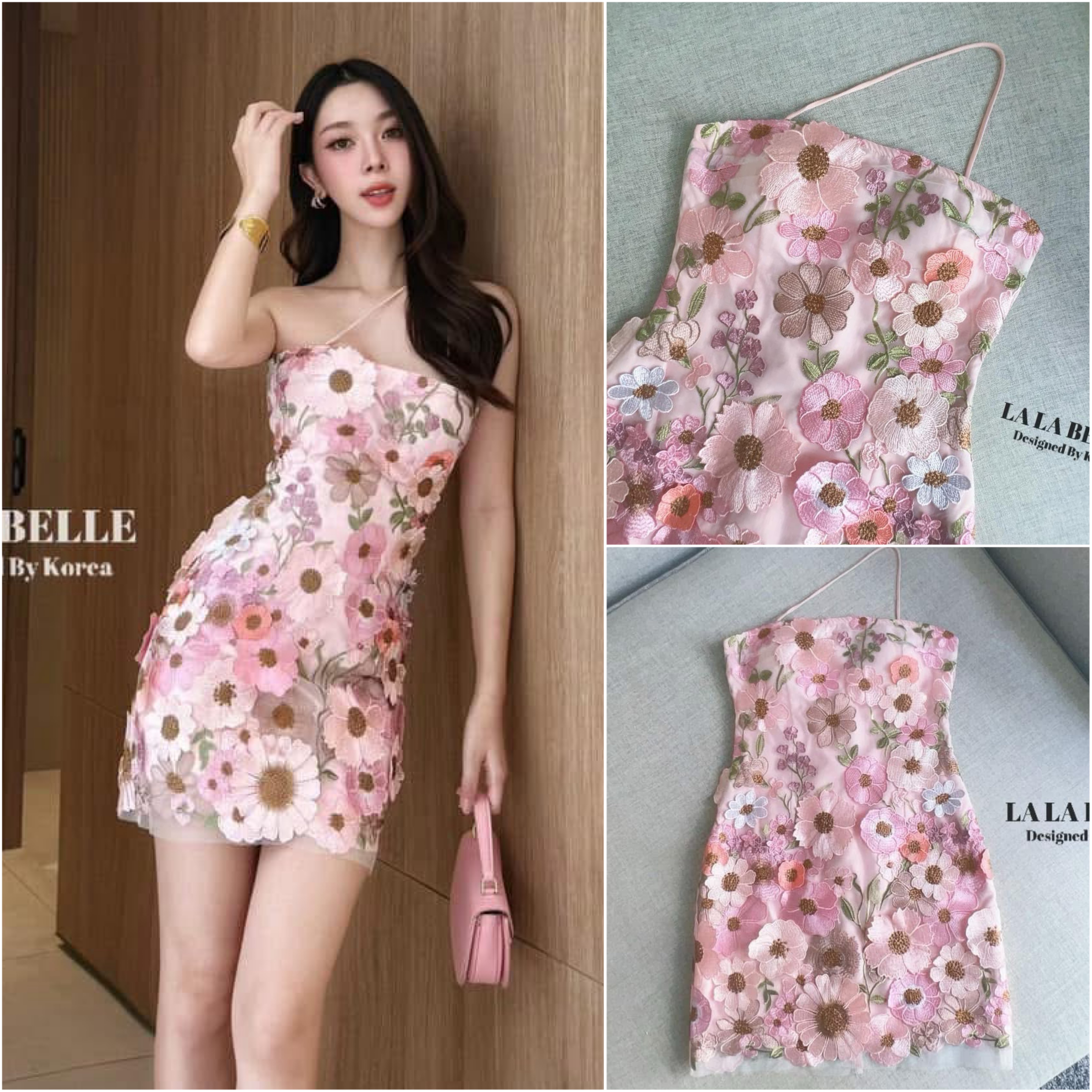 มินิเดรสดอกไม้ปักป๊อปอัพสามมิติทรงเกาะอกสายไข้วเฉียงอกเสริมฟองน้ำทรงชุดเข้สรูปเข้าทรงสวยมีซับในอย่างดี2ชั้น ใส่สบาย : สินค้าคุณภาพ (พร้อมส่ง)