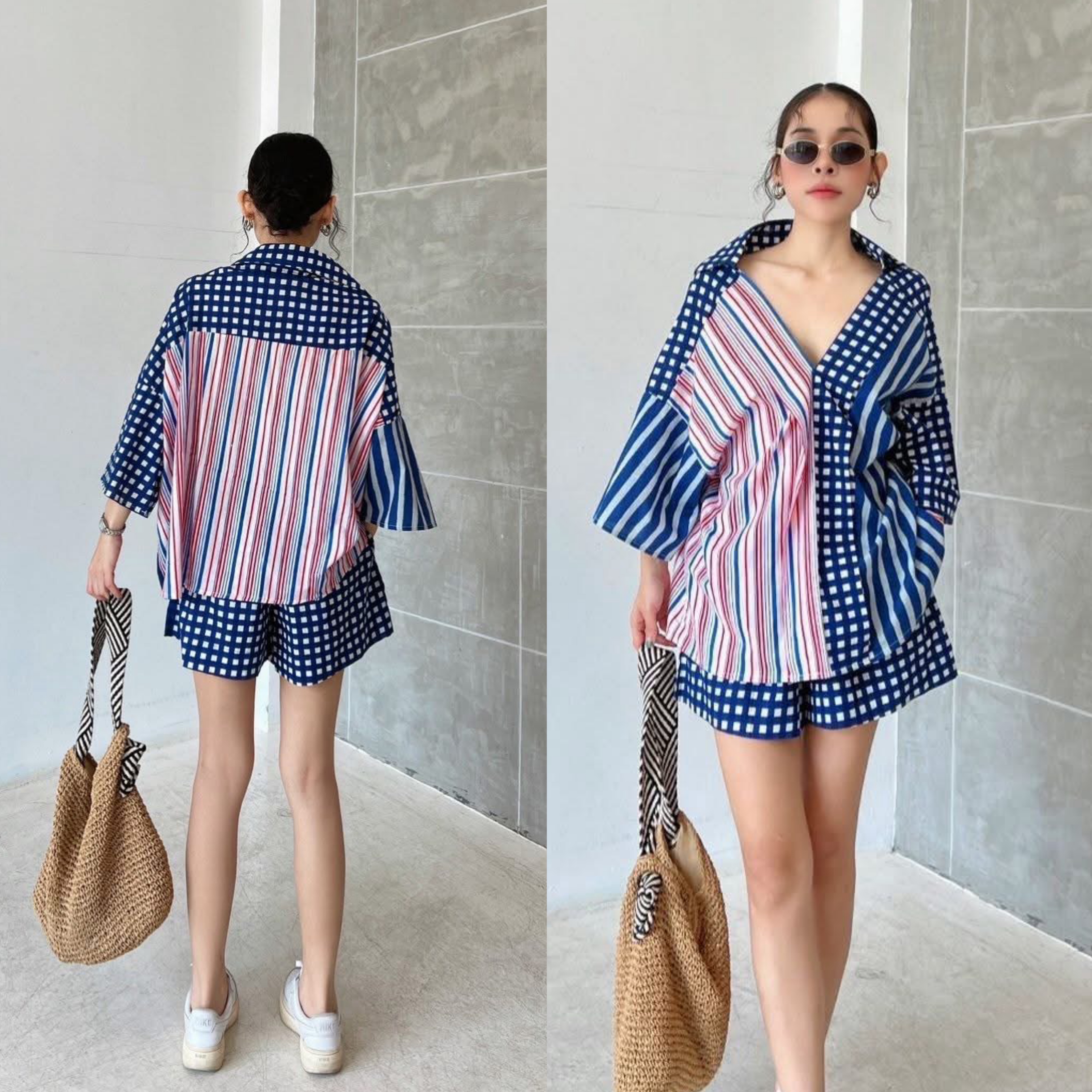 ชุดเซ็ท เสื้อผ้าคอทตอลอินเดีย ดีไซน์ทรงoversize คอวีหน้า ปกหลัง แต่งสาบหน้า ตัดต่อสี กางเกงเอวสม็อค มีกระเป๋าล้วง งานเก๋มีสไตล์ ใส่สบาย : สินค้าคุณภาพ (พร้อมส่ง)