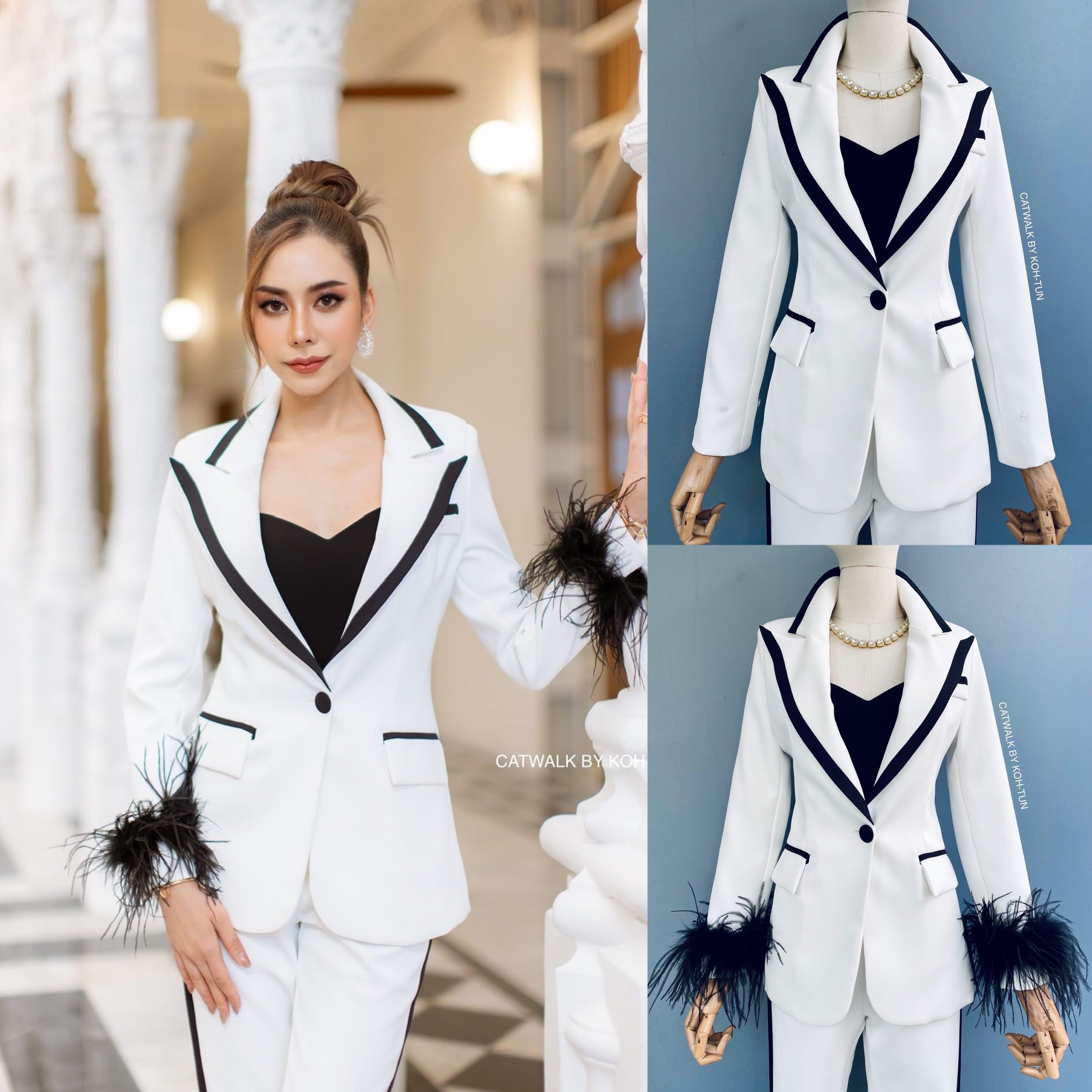 เซตBLAZERทูโทนแต่งขนนกแขน (ถอนได้)เนื้อผ้าเกรดเอ เนื้อนุ่มทิ้งตัว ตัวBLAZERเป็นทรงเข้ารูป แต่งขอบปกและขอบกระเป๋า คู่กับกางเกงเอวสูงขายาว ทรงขากระบอกเล็ก สินค้าคุณภาพ (พร้อมส่ง)