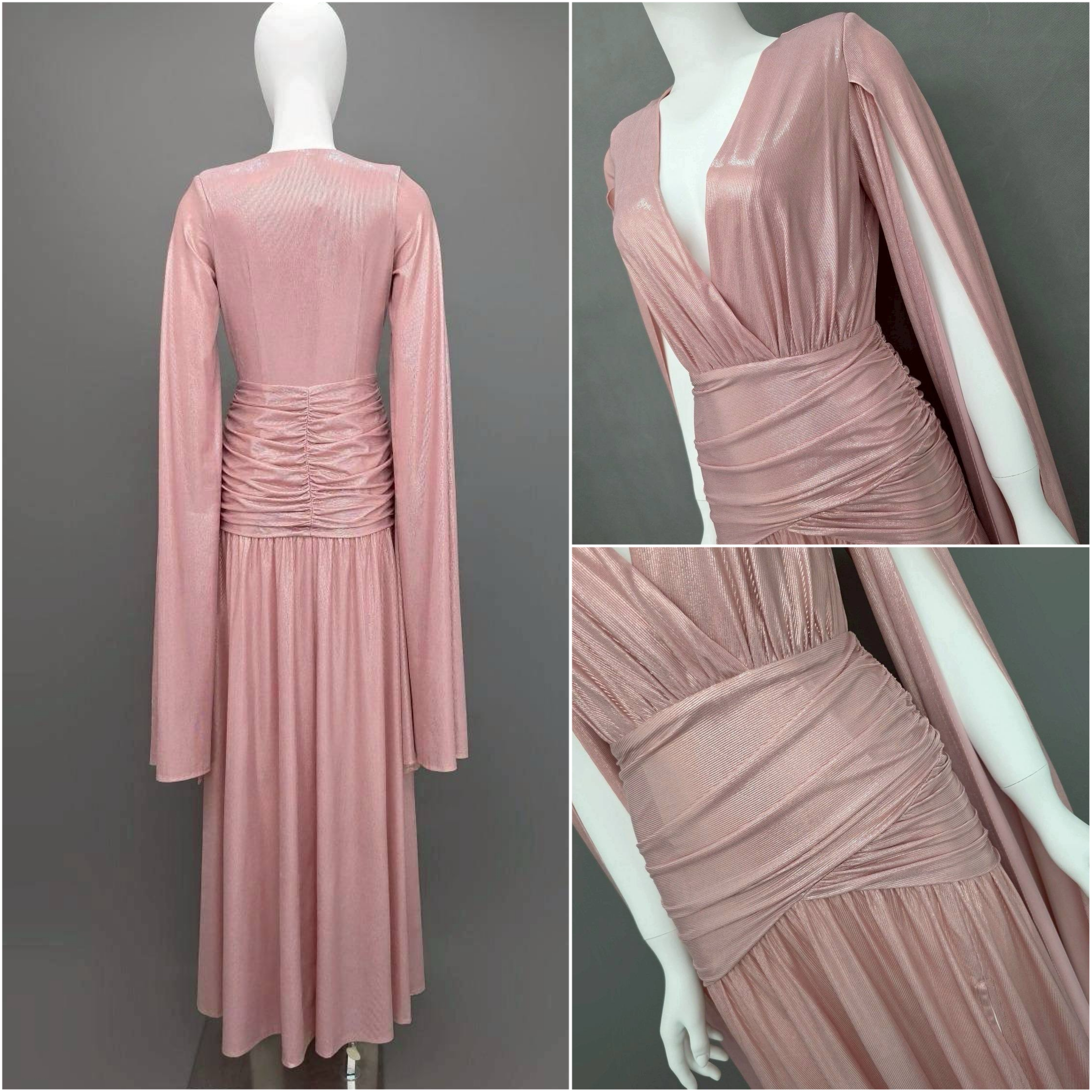 แม็กซี่เดรสเสื้อคอวีป้าย แขนยาวเป็นผ้าคลุมในตัว กระโปรงเข้ารูปตรงสะโพก ผ่าหน้าขา ชายกระโปรงบาน ใส่สบาย : สินค้าคุณภาพ (พร้อมส่ง)