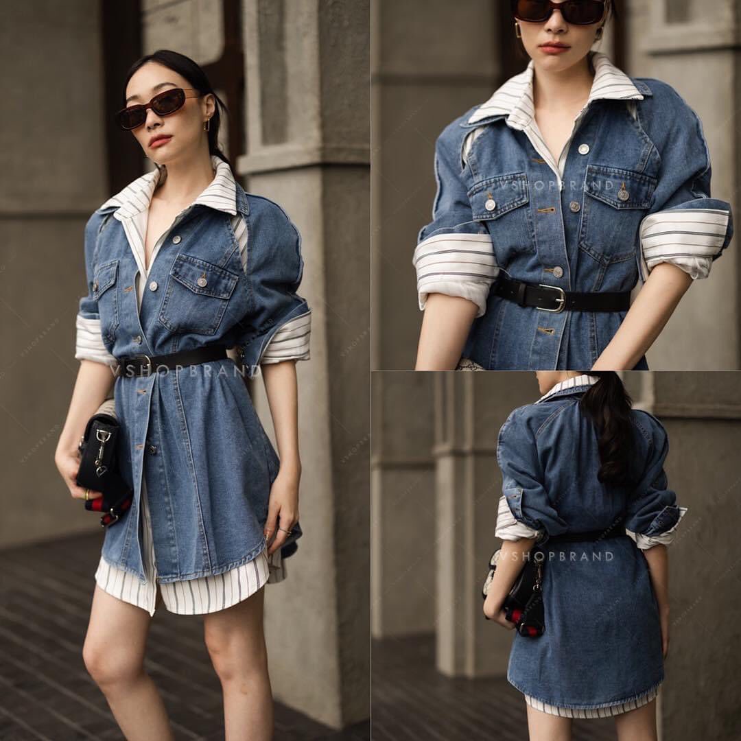 Set เดรสยีนส์เว้าไหล่ +เสื้อเชิ้ตลายริ้ว + เข็มขัด . สินค้าคุณภาพ (พร้อมส่ง)