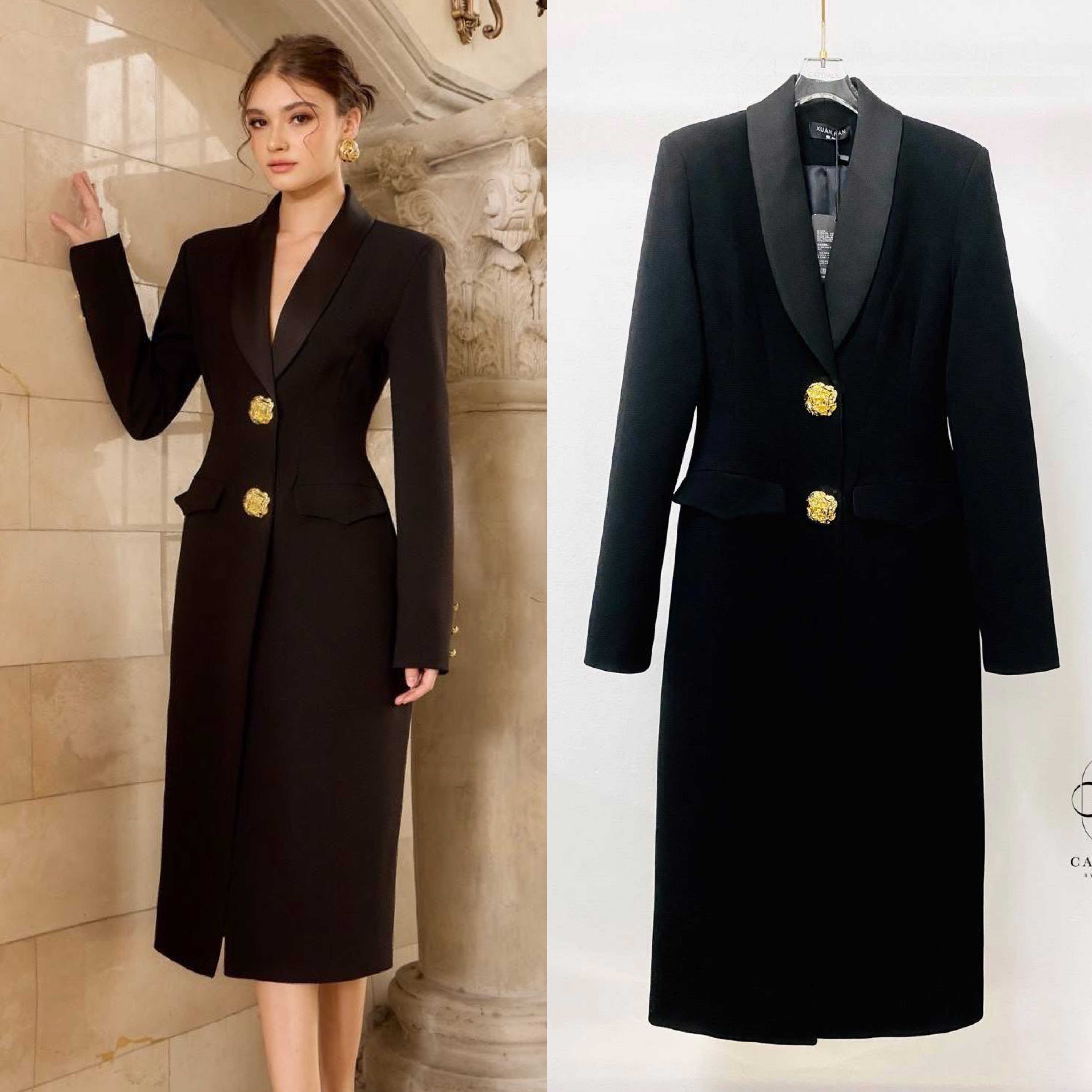 เดรสสูทยาวกระดุมทอง เนื้อผ้าเกรดเอ ผ้าสวยมาก ตัวชุดเป็นตัวยาว ทรงเข้ารูป ใส่สบาย : สินค้าคุณภาพ (พร้อมส่ง)