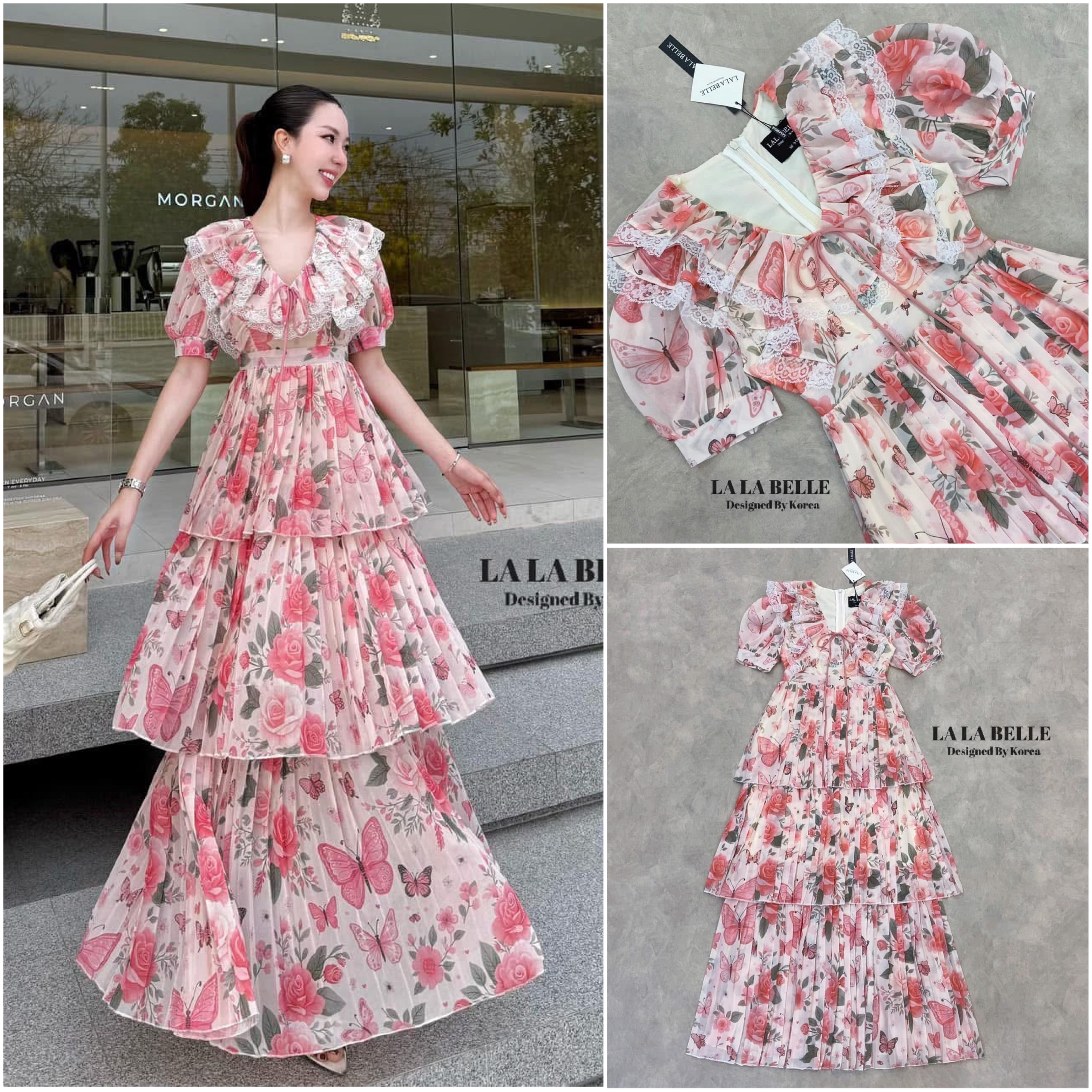 แม็กซี่เดรสลายดอกไม้น่ารักมากคอวีมีสายผูกโบว์แต่งระบายจับจีบช่วงคอและข้างๆคอแขนตุ๊กตาเอวเข้ารูปกระโปรงพีทจับจีบรอบ3ชั้นสวยๆมีซับในถึงปลายชุดใช้ผ้าเยอะมาก ใส่สบาย : สินค้าคุณภาพ (พร้อมส่ง)