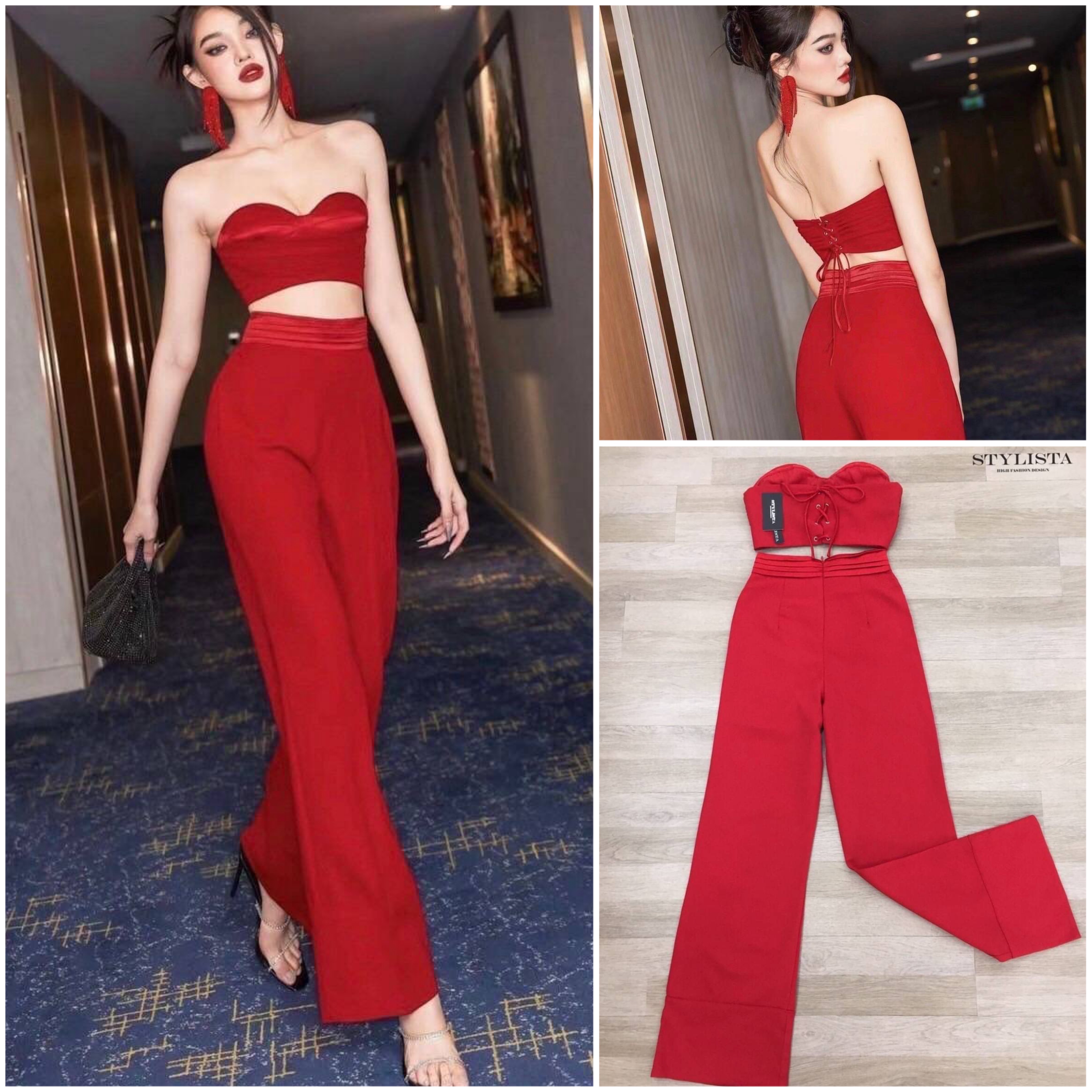 Set เสื้อเกาะอก กางเกงขายาว สีแดงสด ใส่สวยเรียบหรูดูดีมาก แพลตเทินดีงาม ใส่สวยเปะสุดๆ สินค้าคุณภาพ (พร้อมส่ง)