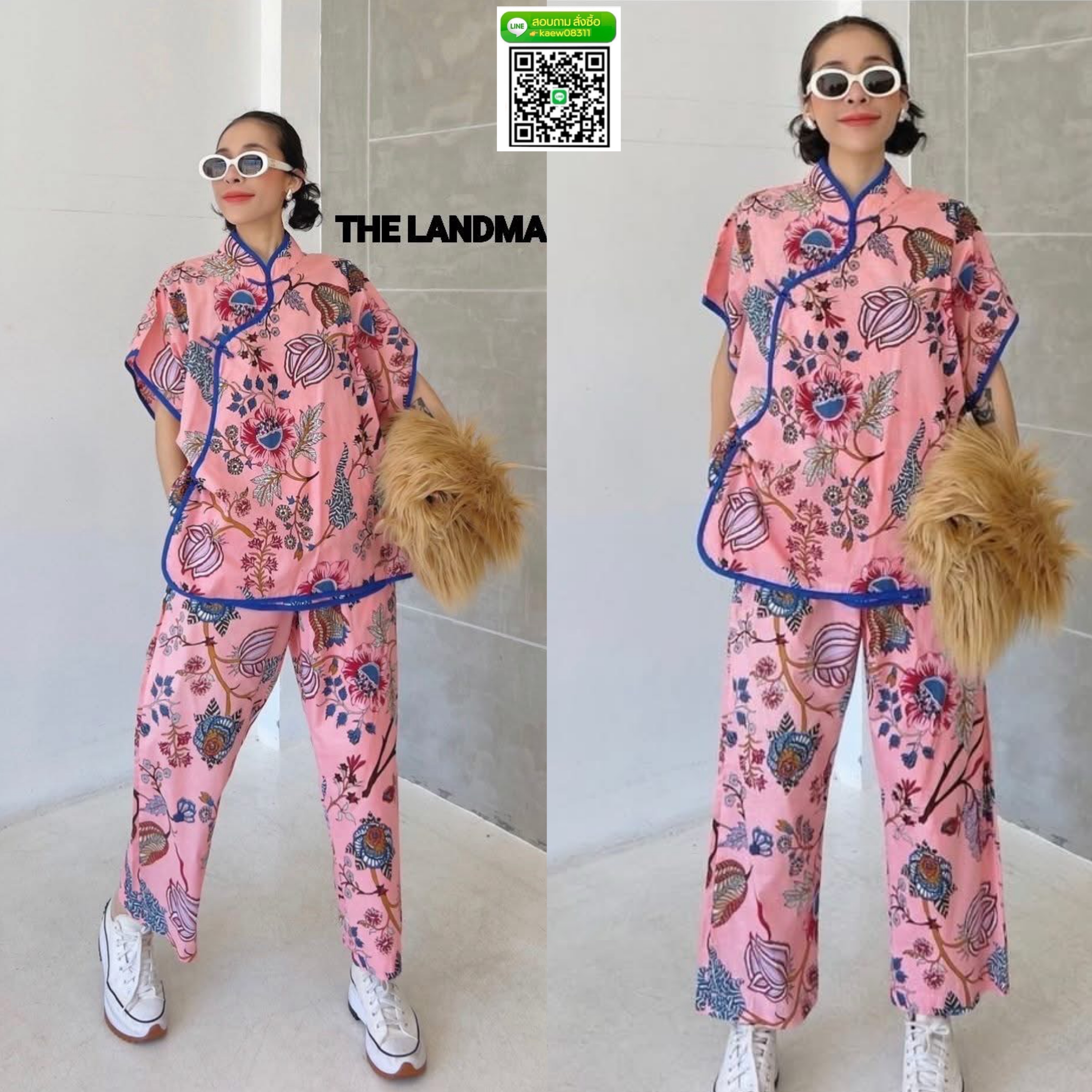 กี่เพ้า ชุดเซ็ทผ้าบล็อคคอทตอลอินเดีย เสื้อดีไซน์คอจีน กระดุมป้ายข้างกุ๊นขอบ กางเกงเอวสม็อค มีกระเป๋าล้วง ใส่สบาย : สินค้าคุณภาพ (พร้อมส่ง)