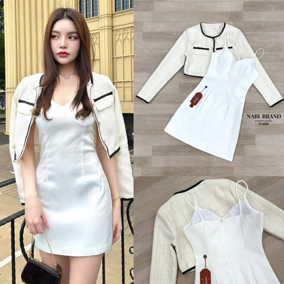SET เสื้อคลุมแขนยาวมาคู่ กับ เดรสสายเดี่ยวสีขาว คอวีตัวเดรสผ้านุ่มนวลใส่สบายมากค่ะ มีฟองน้ำ มีซับในในตัว งานซิปหลัง ใส่สบาย : สินค้าคุณภาพ (พร้อมส่ง)
