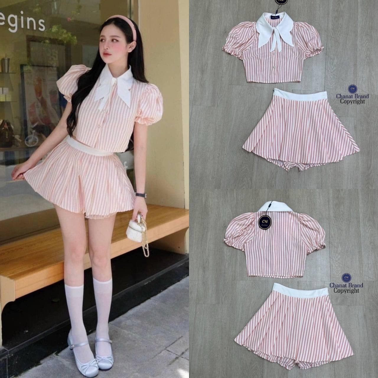Set 2 ชิ้นสีชมพูลายทาง เสื้อครอปแขนตุ๊กตาแต่งคอปกขาว มีกระดุมมุกด้านหน้าน่ารัก มาคู่กับกระโปรงสั้น ใส่สบาย : สินค้าคุณภาพ (พร้อมส่ง)