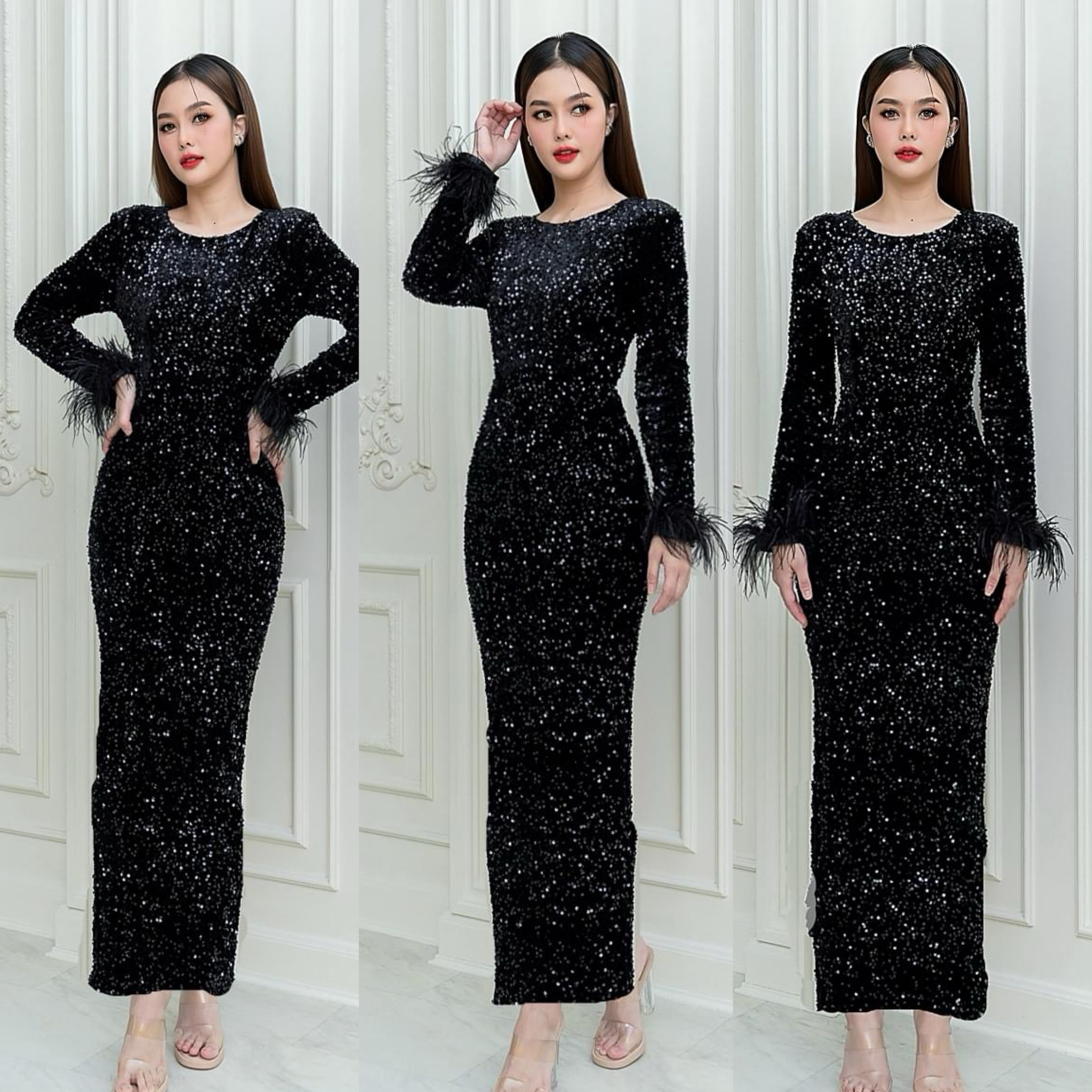 เดรสตัวยาว คอกลมแขนยาว แพทเทิร์น ทรงสวย ปลายแขนแต่งด้วยขนนก ปักเลื่อมเล่นแสงระยิบระยับทั้งตัว มีซิปซ่อนและซับในเต็มตัวค่ะ ใส่สบาย : สินค้าคุณภาพ (พร้อมส่ง)