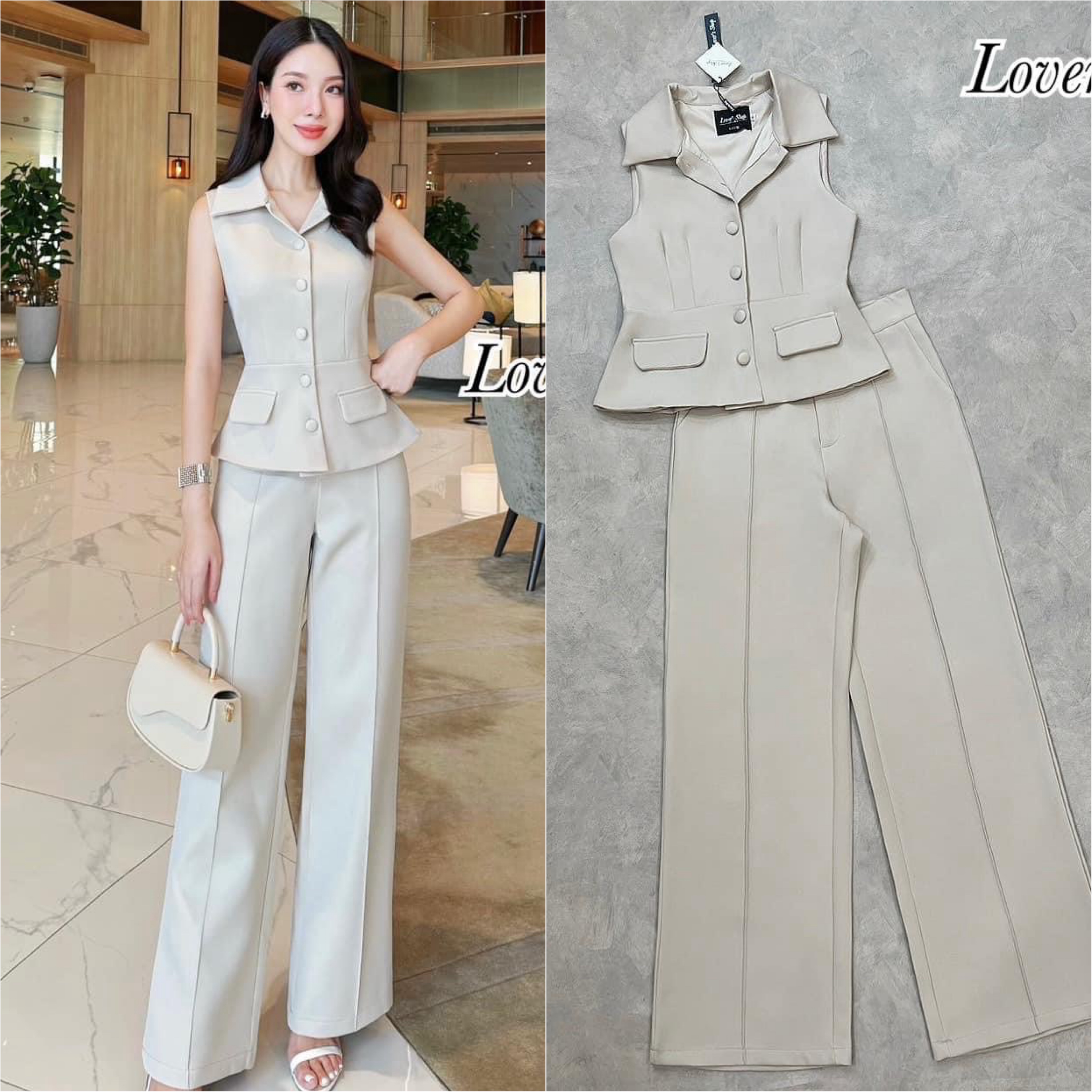 Set.2ชิ้น ลุคเรียบหรูดูผู้ดี ตัวเสื้อเป็นทรงคอปก กระดุมหน้า ทรงเข้ารูป มีซับในอย่างดีค่ะ มาพร้อมกางเกงเอวสูง ทรงขากระบอกกลาง ใส่สบาย : สินค้าคุณภาพ (พร้อมส่ง)