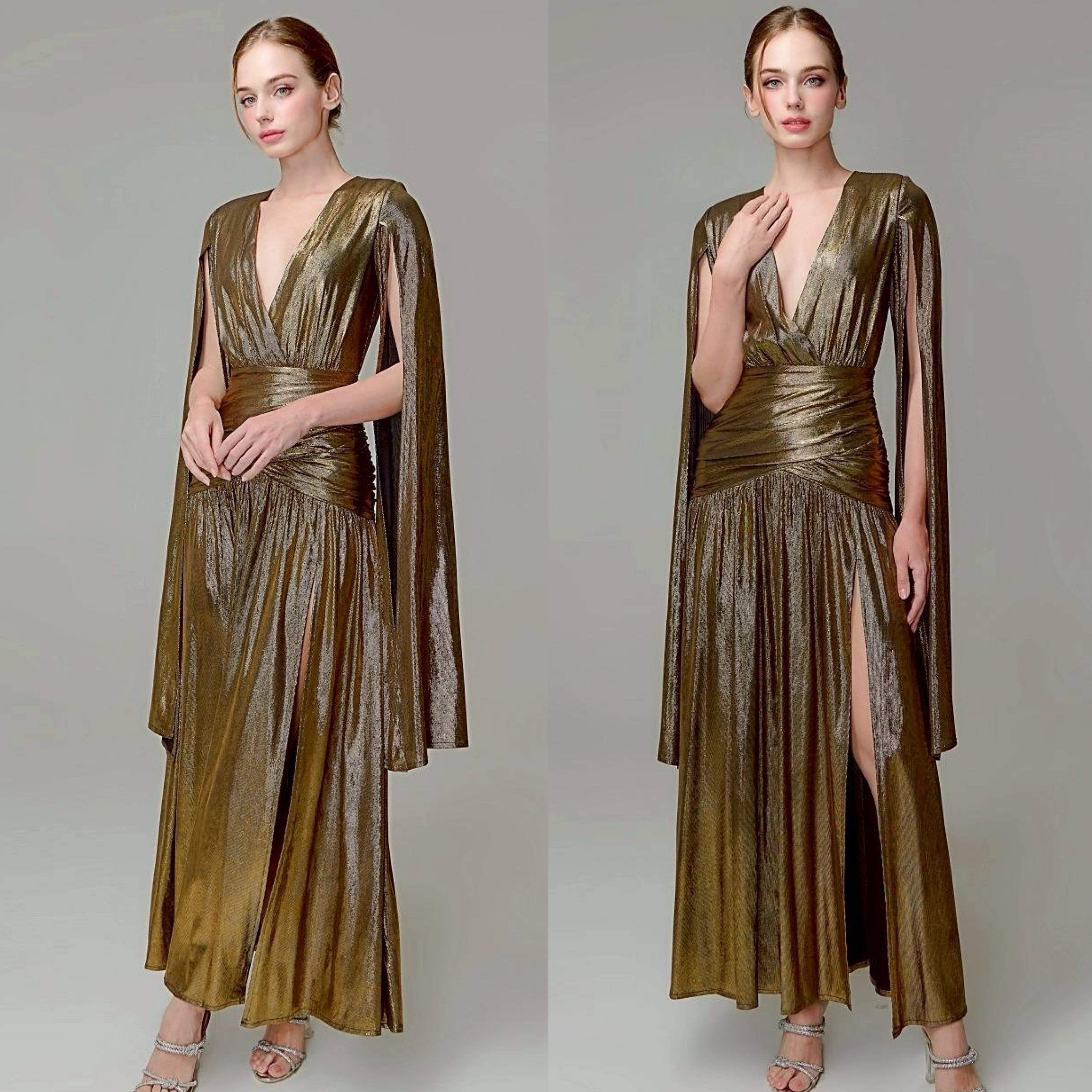 แม็กซี่เดรสเสื้อคอวีป้าย แขนยาวเป็นผ้าคลุมในตัว กระโปรงเข้ารูปตรงสะโพก ผ่าหน้าขา ชายกระโปรงบาน ใส่สบาย : สินค้าคุณภาพ (พร้อมส่ง)