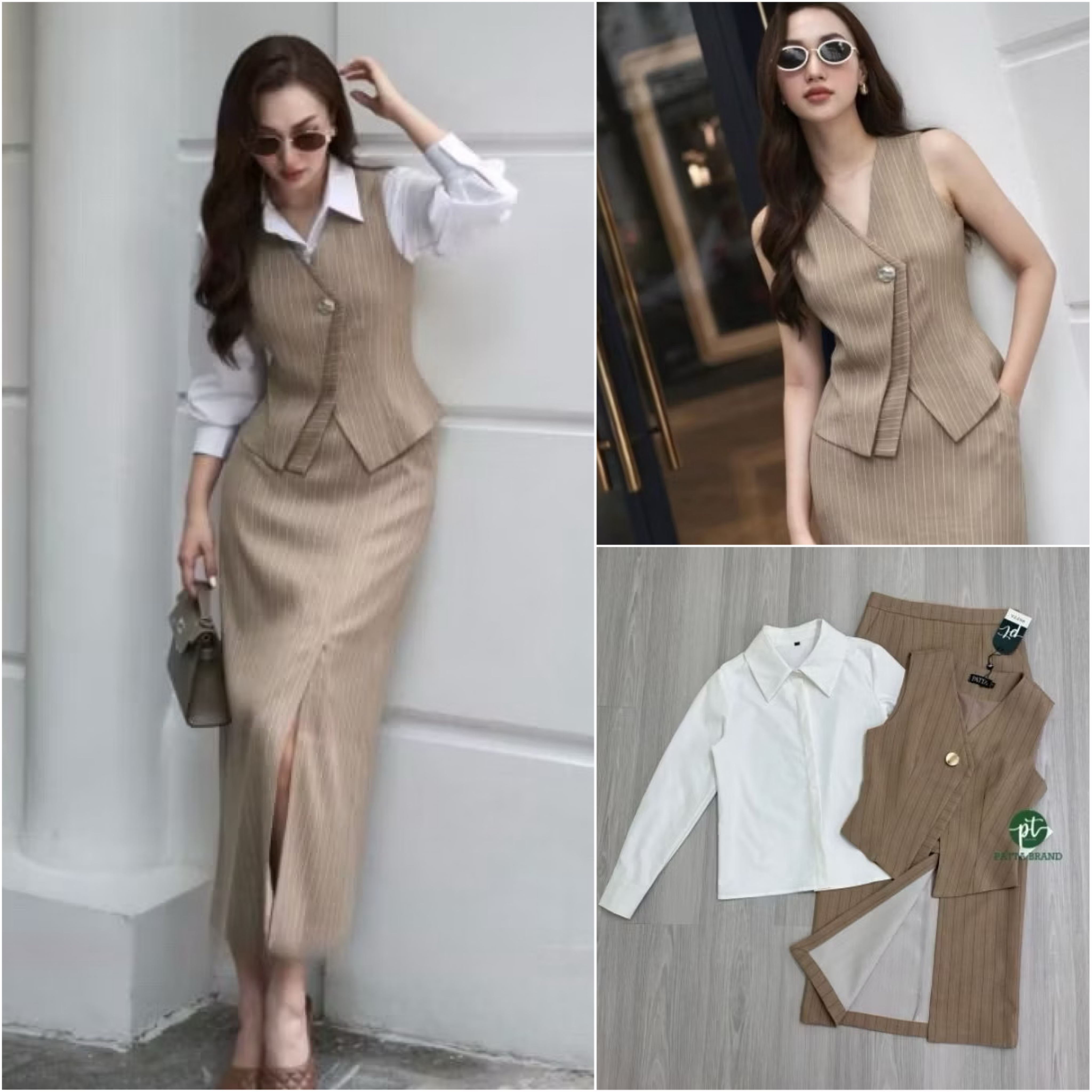 Set 3ชิ้ เสื้อกั๊กคอวีแขนกุดดีไซน์เฉียงเย็บ2ชั้นแต่งกระดุมหน้าใช้งานได้จริง ด้านหลังแต่งเข็มขัดปรับเข้ารูปให้ทรง มาคู่กับเสื้อเชิ้ตตัวในสีขาวมีกระดุมหน้า ดีไซน์เก๋ มาพร้อมกับกระโปรงยาวทรงตรงทรงสอบ ใส่สบาย : สินค้าคุณภาพ (พร้อมส่ง)