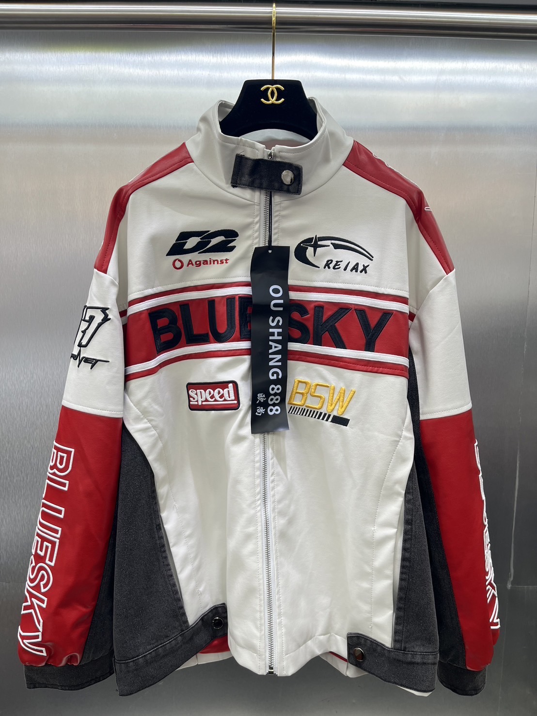 แจ็คเก็ตกึ่งหนัง ปักลาย Racing สวย สปอร์ต เท่ห์ รุ่น Unisex งานสวยขายดีมาก รุ่นนี้ผสมหนัง งานสวยมาก.. ใส่สบาย : สินค้าคุณภาพ (พร้อมส่ง)