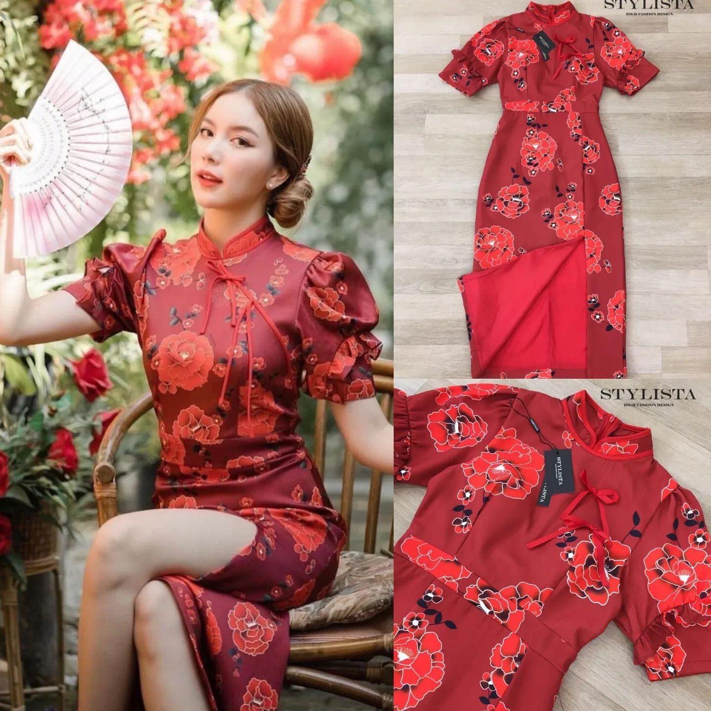 เดรสกี่เพ้าลายดอกไม้ สีแดงสวย เฮงๆๆ ใส่สวยเรียบหรูดูแพง คัตติ้งสวยเปะ ตัดเย็บจากผ้าเนื้อดี ดูดีเหมือนดาราเซเลป เลยค่ะ สวยเปะเวอร์ สินค้าคุณภาพ (พร้อมส่ง)