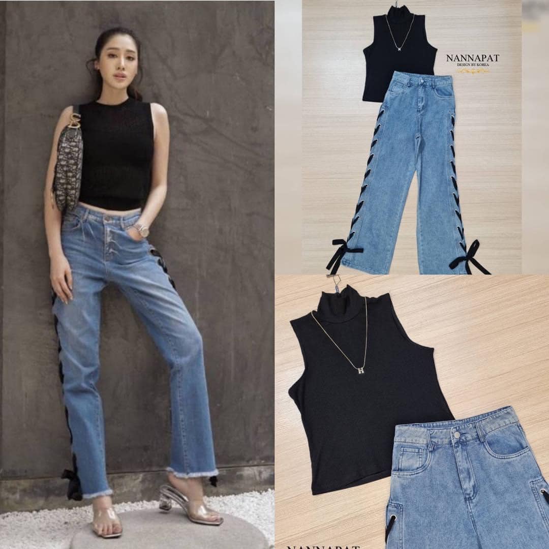 Set 3 ชิ้น เสื้อ+กางเกงขายาว สวยเก๋ไก๋ เสื้อผ้ายืด นุ่ม เด้ง ใส่สบาย เข้ารูป แม็ชกับกางเกงยีนส์ ผ้าดีมาก ร้อยเชือกแถบข้าง ดีไซน์ได้เก๋ไก๋ พร้อมสร้อยคอสวยหรู สินค้าคุณภาพ (พร้อมส่ง)