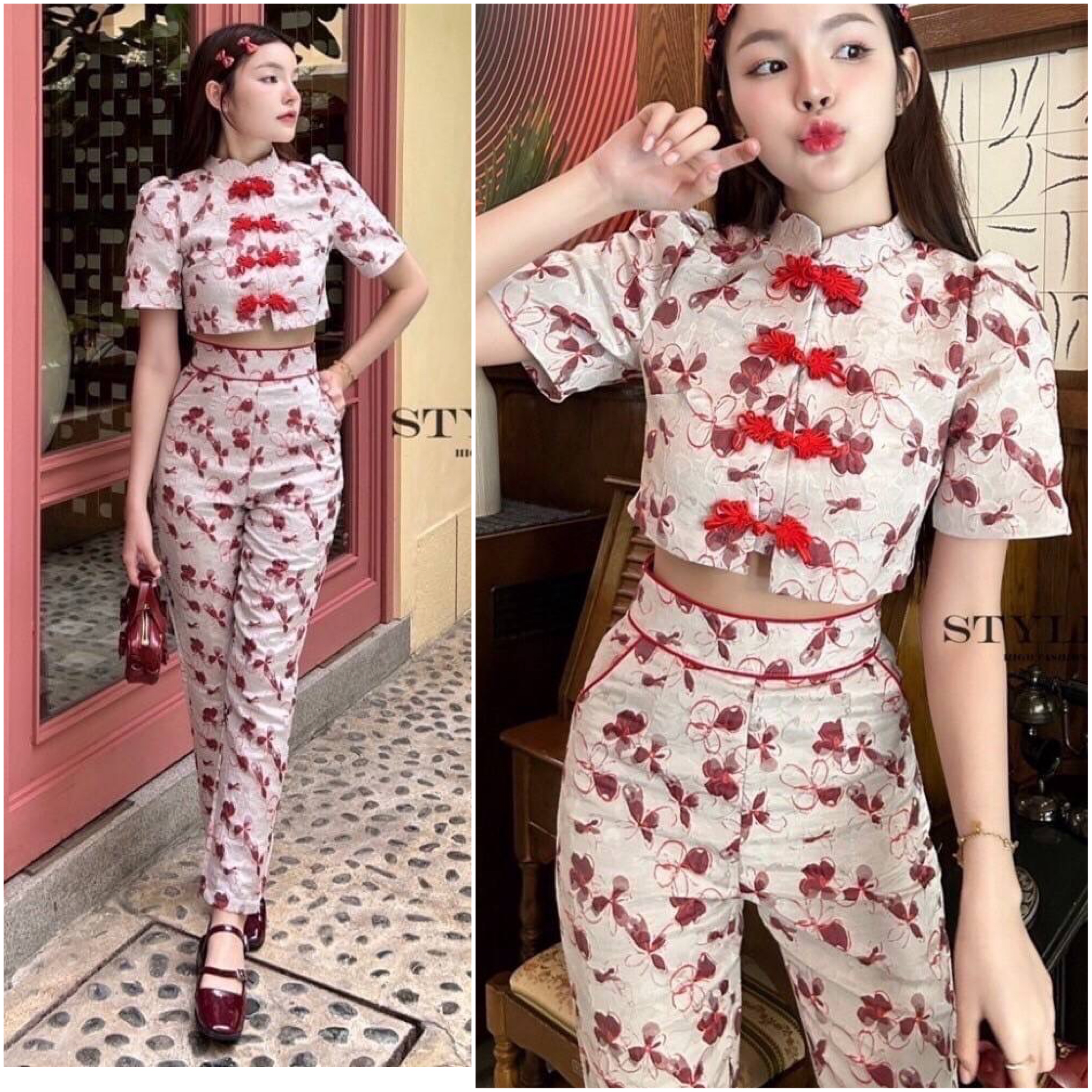 กี่เพ้า เซตเสื้อตรุษจีนแขนสั้น คอจีน มา พร้อมกางเกงขายาวเข้าชุด ใส่สวยน่ารักมากๆ ใส่สบาย : สินค้าคุณภาพ (พร้อมส่ง)