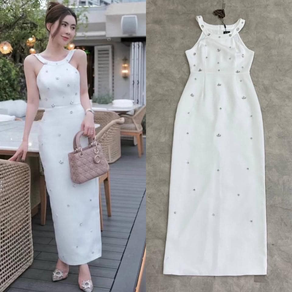 เดรสคล้องคอตัวยาวทรงสอบ ปักเพชร ใส่สบาย สินค้าคุณภาพ (พร้อมส่ง)