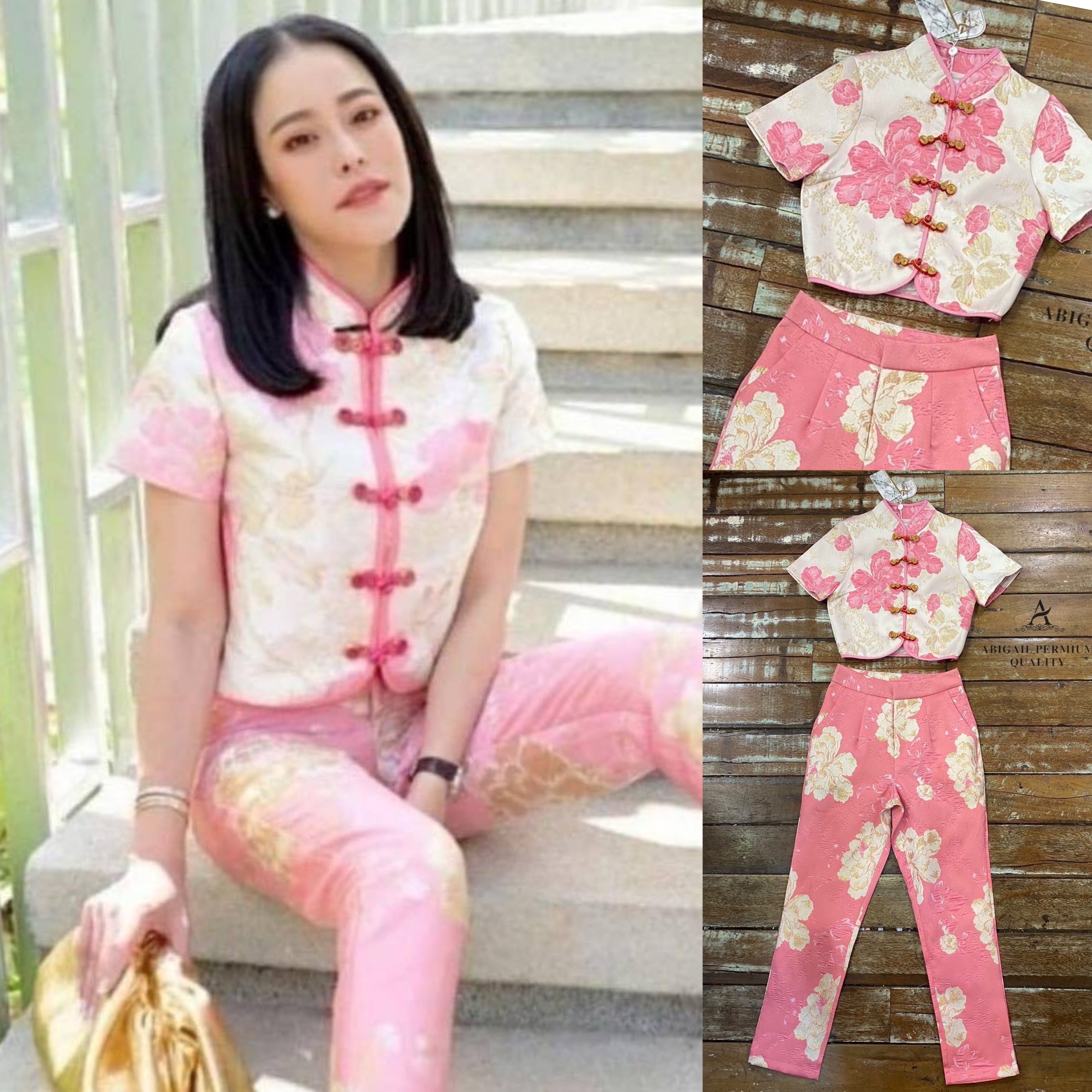 เซต 2 ชิ้น เสื้อแขนสั้นคอจีนกุ๊นหน้า แมทกับ กางเกง5ส่วน เนื้อผ้าทอลายดอกดิ้นทอง มีซับใน พร้อมอัดกาวทั้งชุด สินค้าคุณภาพ (พร้อมส่ง)