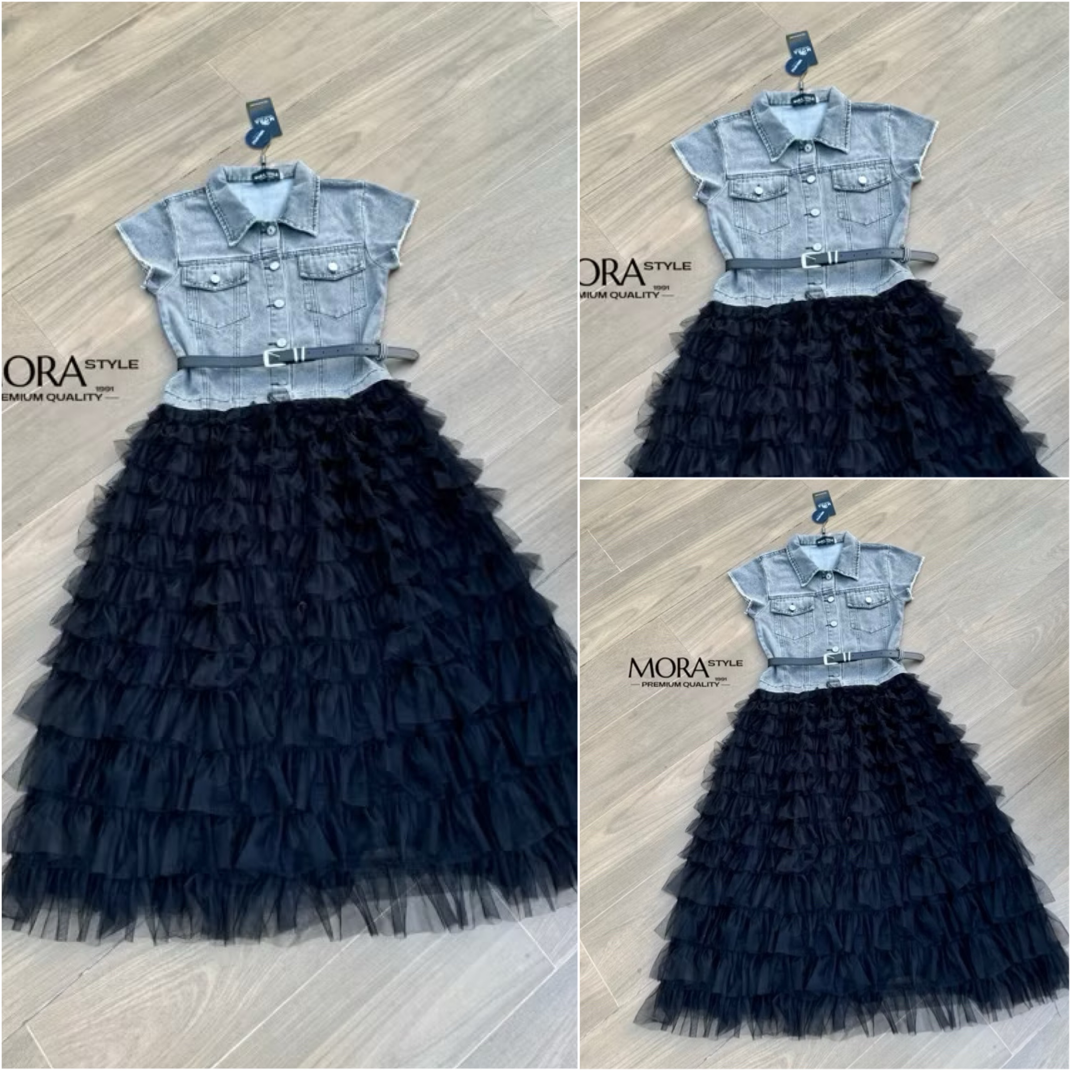 เดรสยีนตัดต่อผ้ามุ้งฟูฟร่อง งานกระดุมหน้า มีเข็มขัดให้ 1 เส้น รุ่นนี้น่ารักมากกก ใส่สบาย : สินค้าคุณภาพ (พร้อมส่ง)