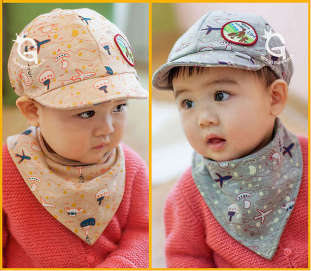 หมวกเด็ก หมวกทารก หมวกเด็กอ่อน Set หมวกแก๊ป+ผ้ากันเปื้อนเด็กสามเหลี่ยม Where Are We Going? Dad! เด็ก 3-24 เดือน