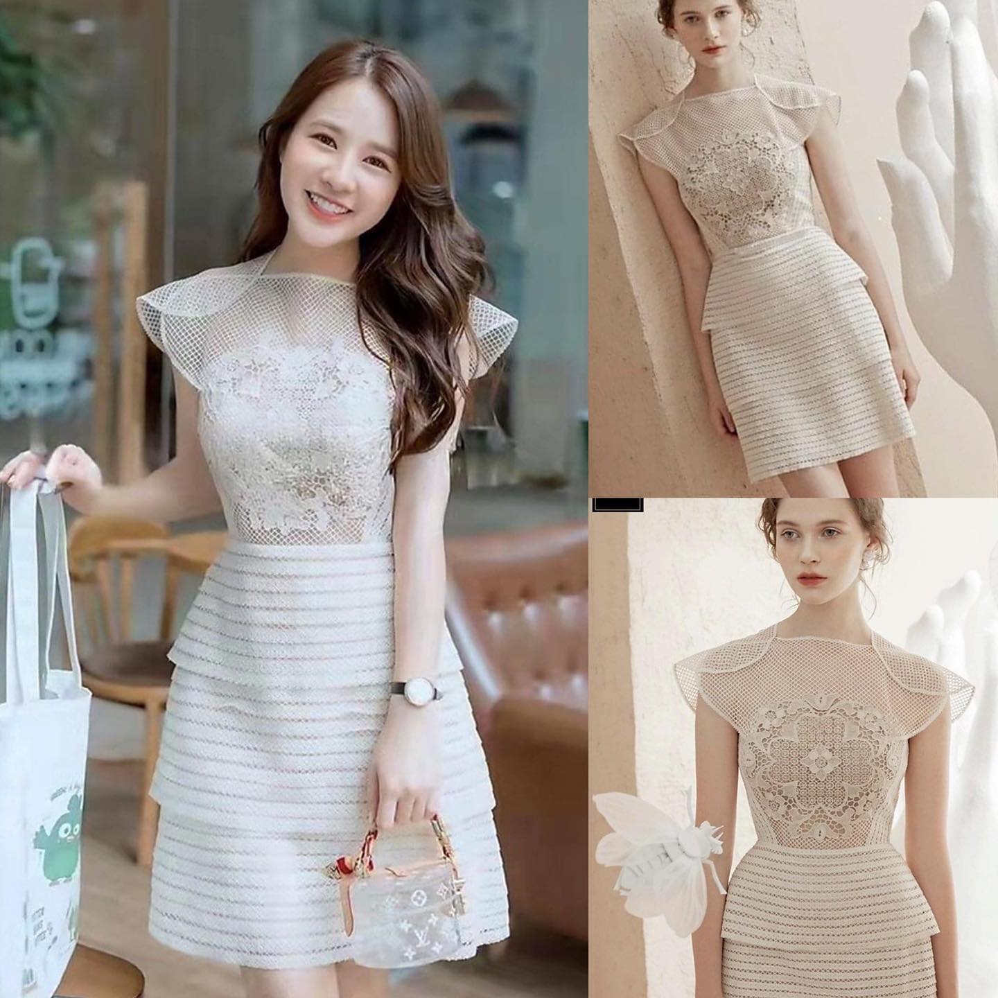 เดรสเสื้อคอกลมแต่ง ลูกไม้ตาข่ายโครเชต์ กระโปรงบานทรงเอ3ชั้น คัตติ้งประณีต มีซิปซ่อนและซับในเต็มตัว สินค้าคุณภาพ (พร้อมส่ง)