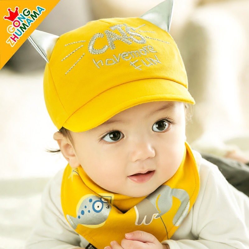 Set หมวก+ผ้ากันเปื้อน เด็กเล็ก 6-24 เดือน หมวกแมวน่ารักกับผ้ากันเปื้อนสามเหลี่ยมสไตล์เกาหลี Cat Have More Fun