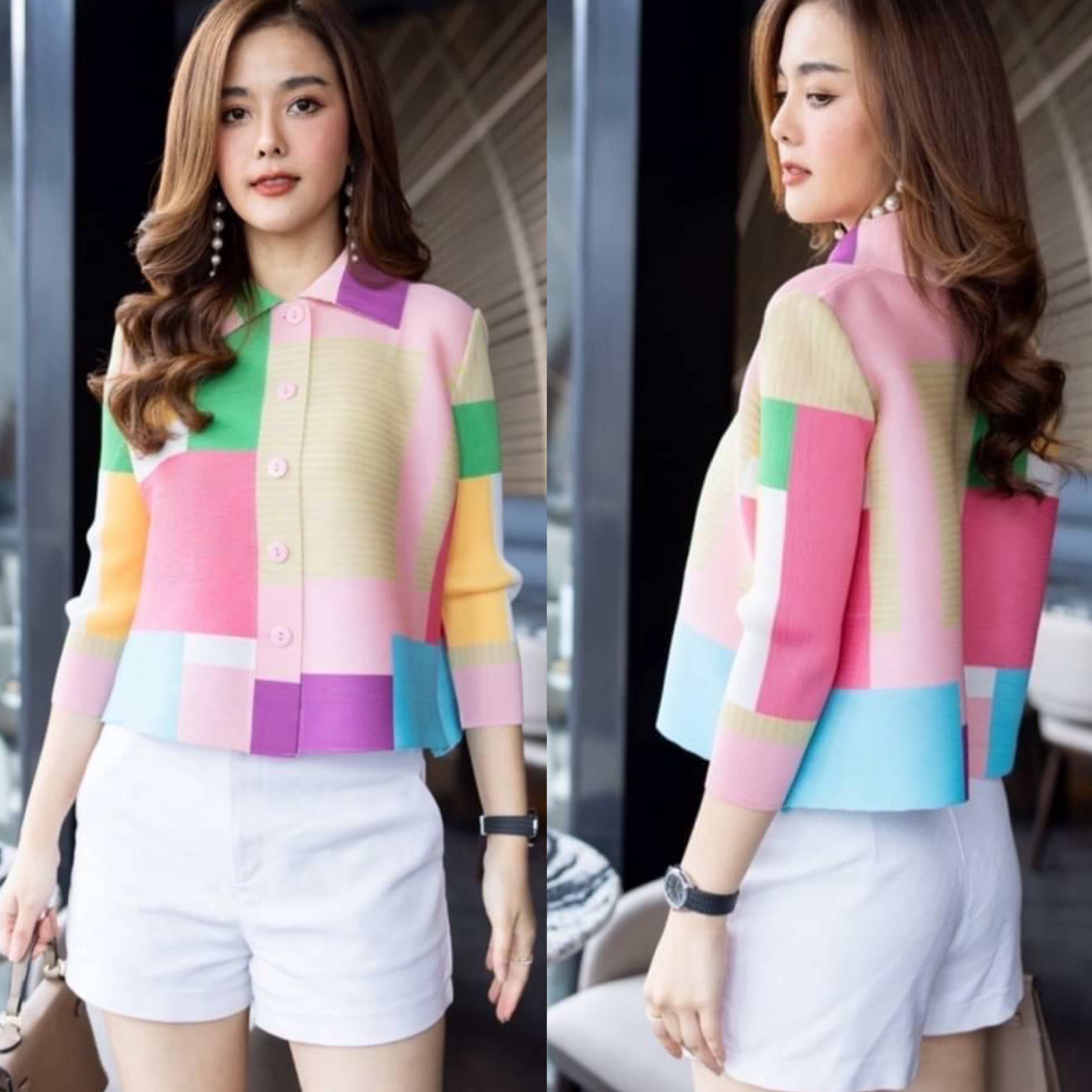 Cutie Minute เสื้อผ้าอัดพลีท Premium Pleated fabric ลวดลายกราฟฟิคผสมผสานสีสันทำออกมา ได้อย่างลงตัว ใส่สบาย : สินค้าคุณภาพ (พร้อมส่ง)