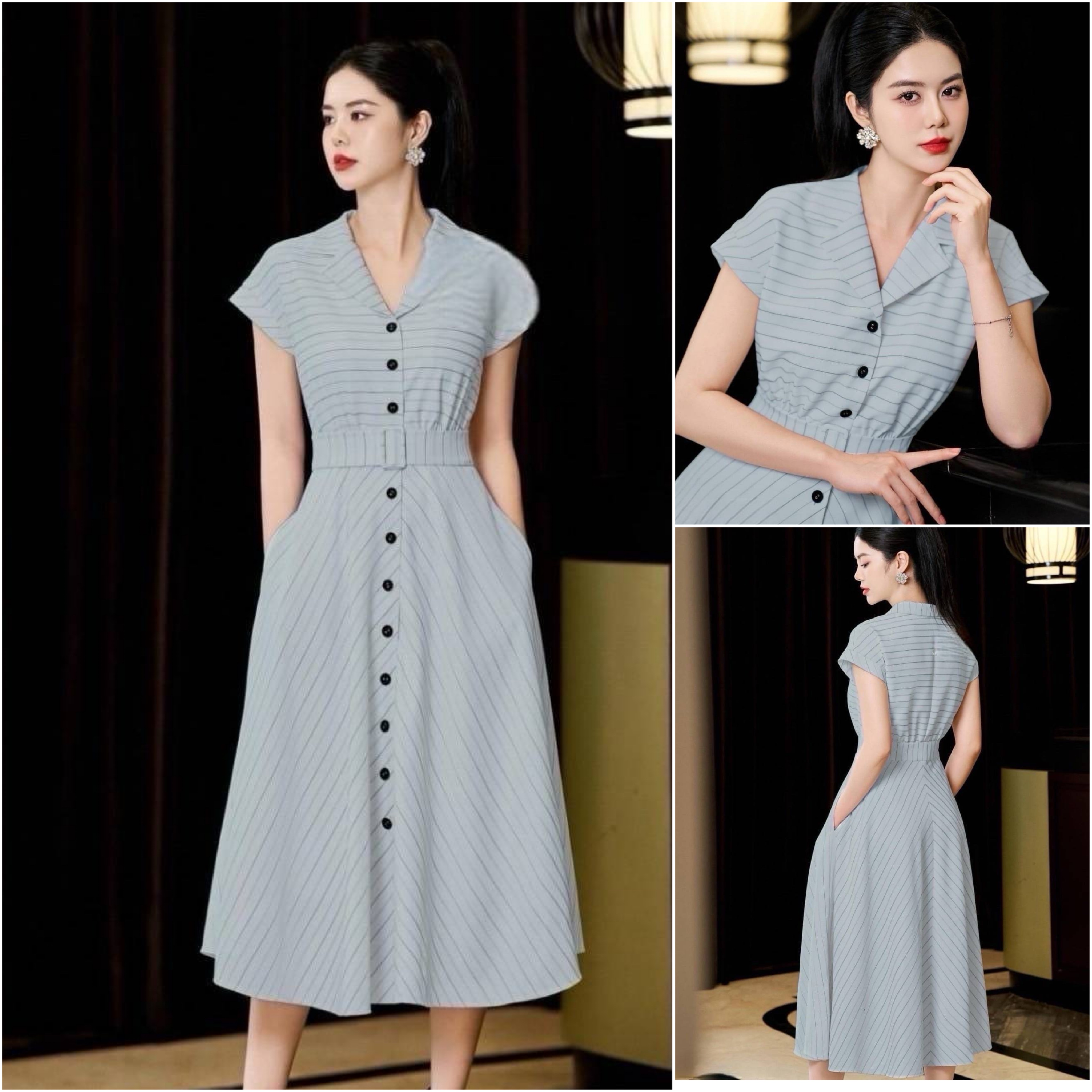 แม็กซี่เดรสคอปกแขนล้ำสีเทาลายทาง ด้านหน้าแต่งกระดุมดำเรียงยาวใช้งานได้จริง ดีไซน์สวยทรงสวย ช่วงกระโปรงทรงพริ้วสวย มีกระเป๋า2ข้างล้วงได้เก๋ๆ เย็บซับในอย่างดี มา คู่เข็มขัดผ้าสีเดียว ใส่สบาย : สินค้าคุณภาพ (พร้อมส่ง)