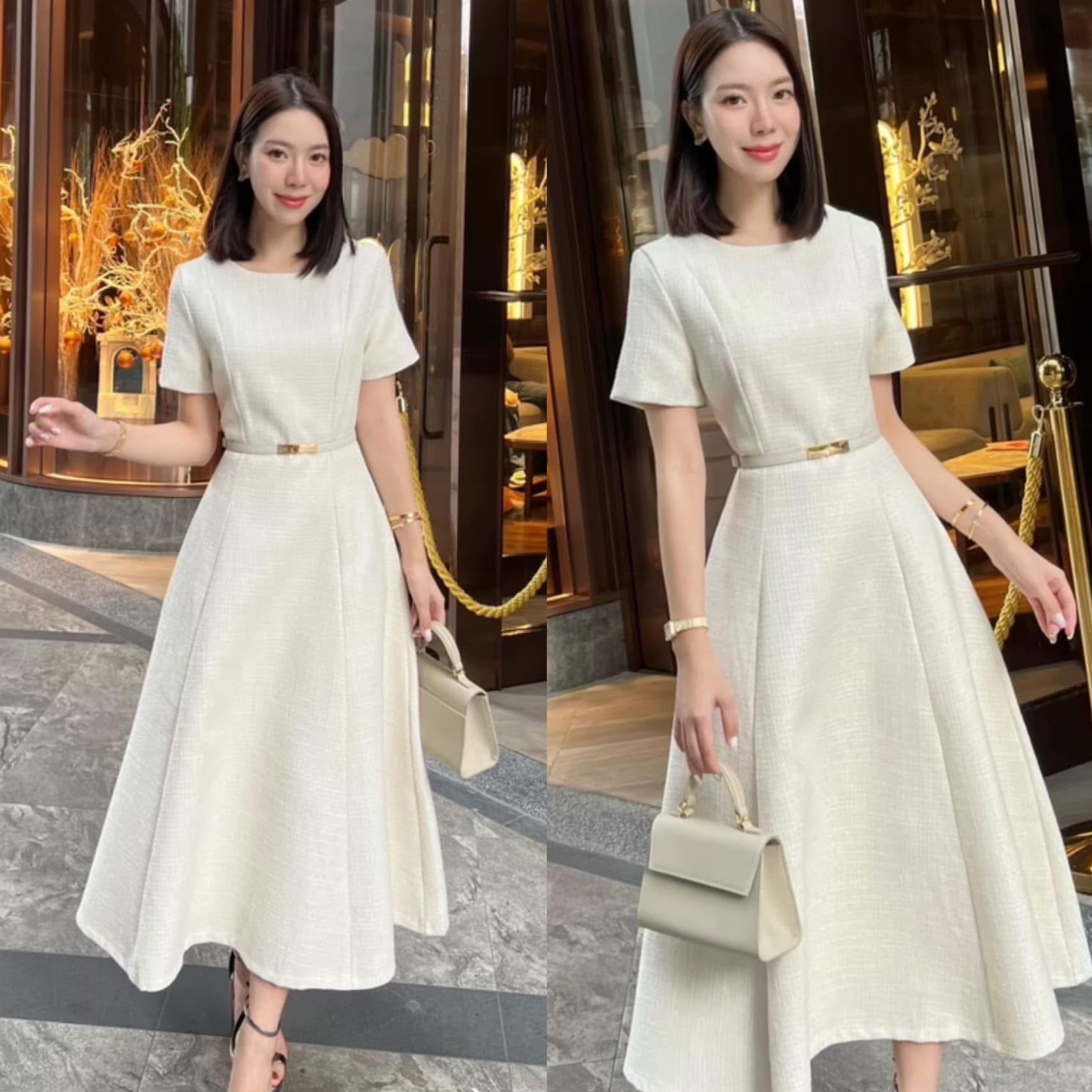 มิดิเดรสผ้าทวีดดีไซน์สุดคลาสสิค มาพร้อมเข็มขัดเข้าเซต ใส่สบาย : สินค้าคุณภาพ (พร้อมส่ง)