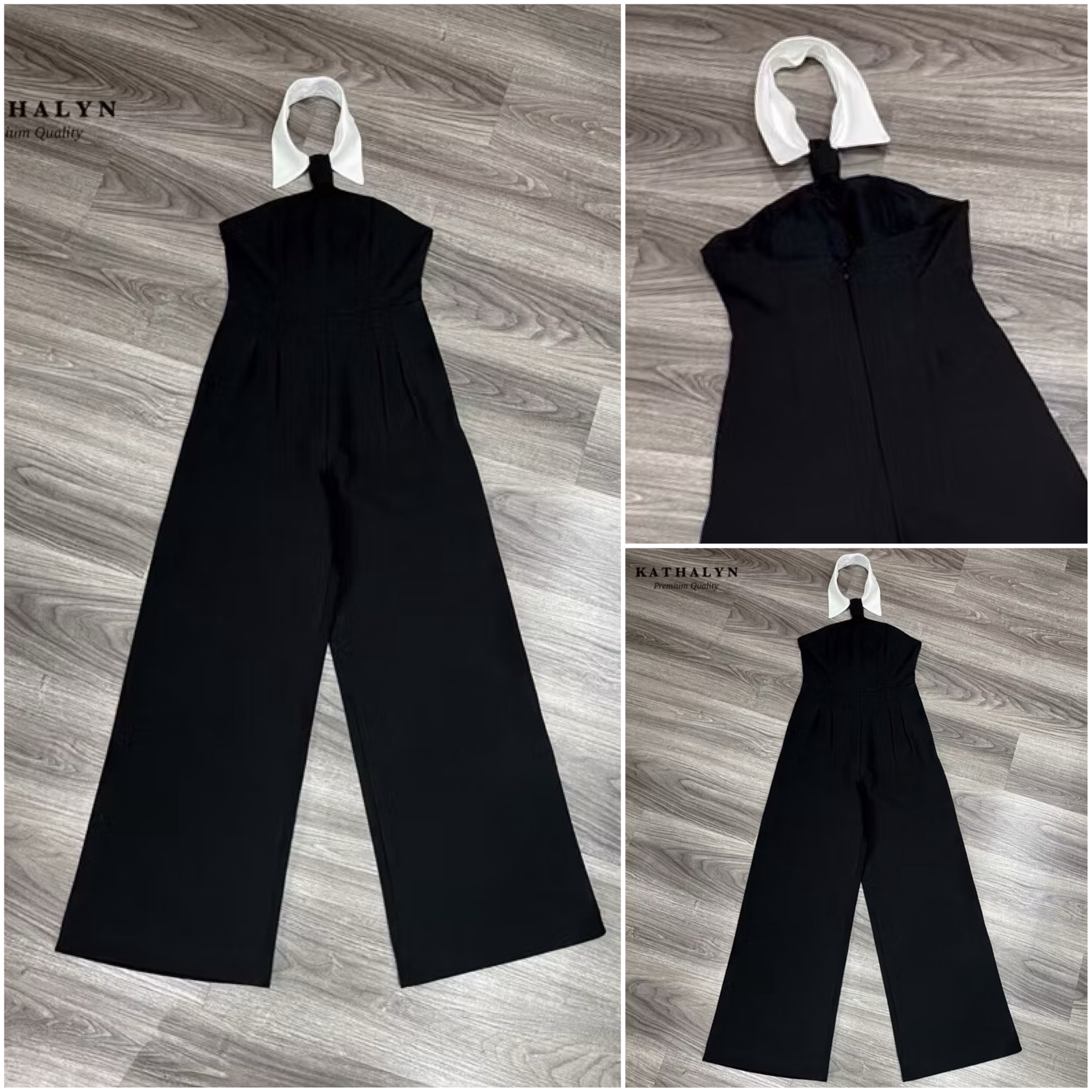 จั๊มสูทขายาวกึ่งเกาะอก แต่งคอปกคล้องคอตรงกลางแต่งเหมือนเนกไทน์ในตัวสุดเก๋ ใส่สบาย : สินค้าคุณภาพ (พร้อมส่ง)