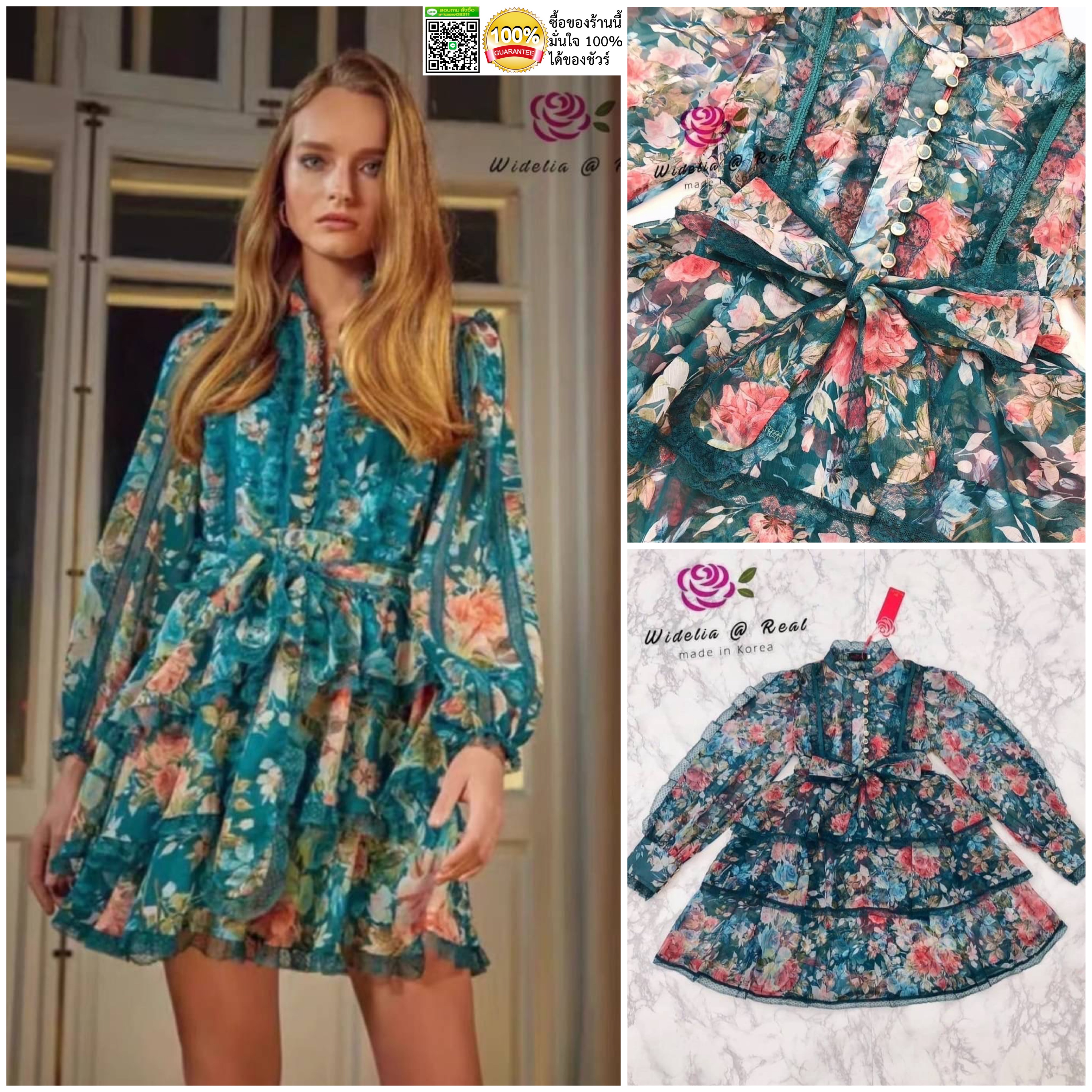 Dress เดรสแขนยาวสุดหรู งานเกรดพรีเมี่ยม เนื้อผ้าชิลค์ลายดอกไม้ ผ้าพริ้วใส่สบาย สินค้าคุณภาพ (พร้อมส่ง)