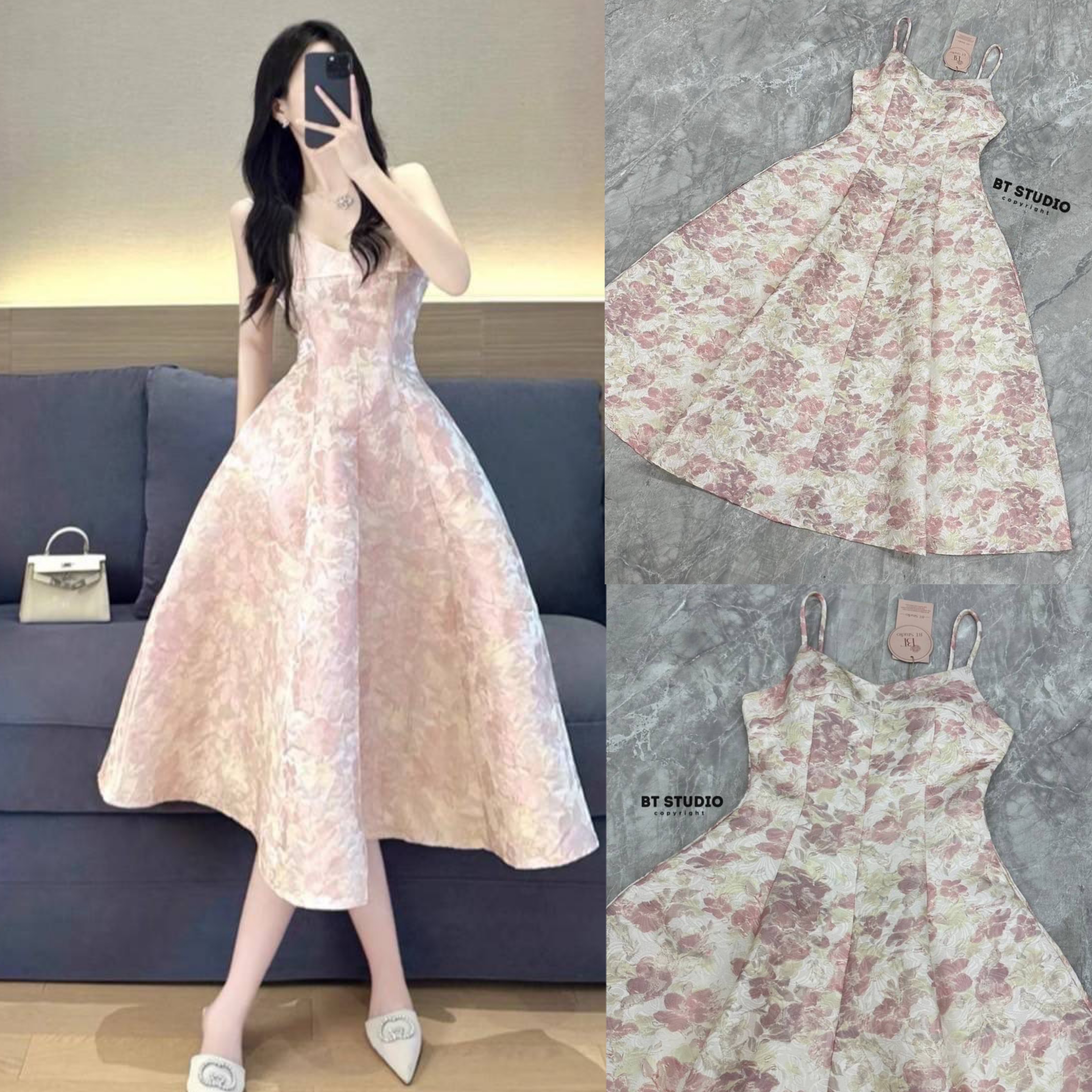 เดรสยาวสายเดี่ยวงานผ้าลายในตัวงานสวยมากใช้เนื้อผ้าเยอะ ช่วงอกเสริมฟองน้ำ ซิปหลัง ใส่สบาย สินค้าคุณภาพ (พร้อมส่ง)